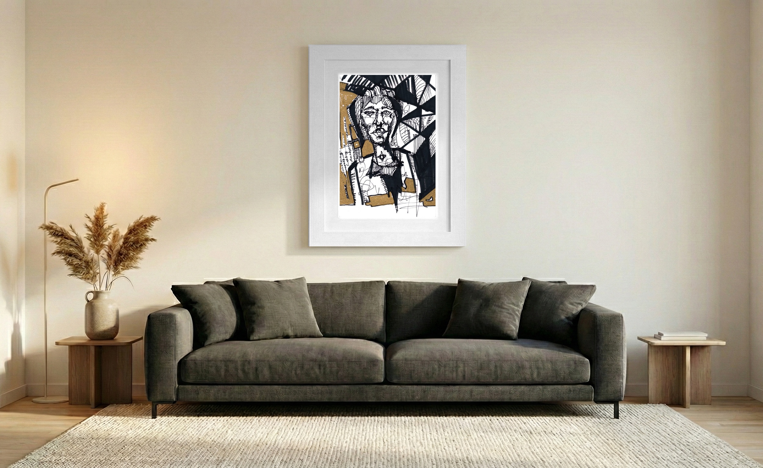 Striking Gold and Black Portrait Drawing — art on the wall, room interior preview 1