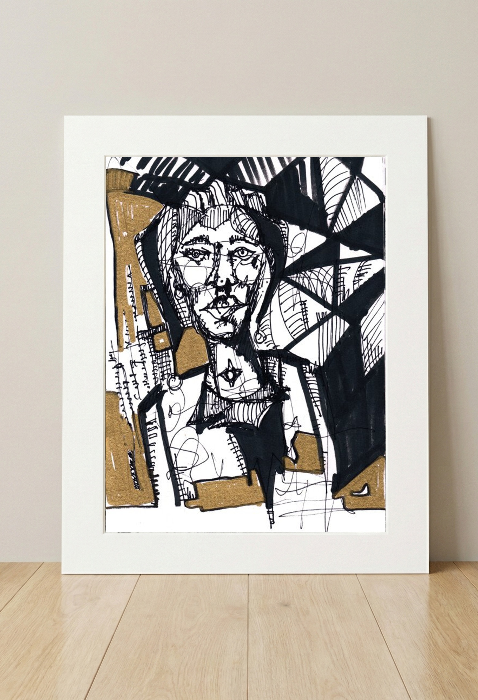 Striking Gold and Black Portrait Drawing — art on the wall, room interior preview 3