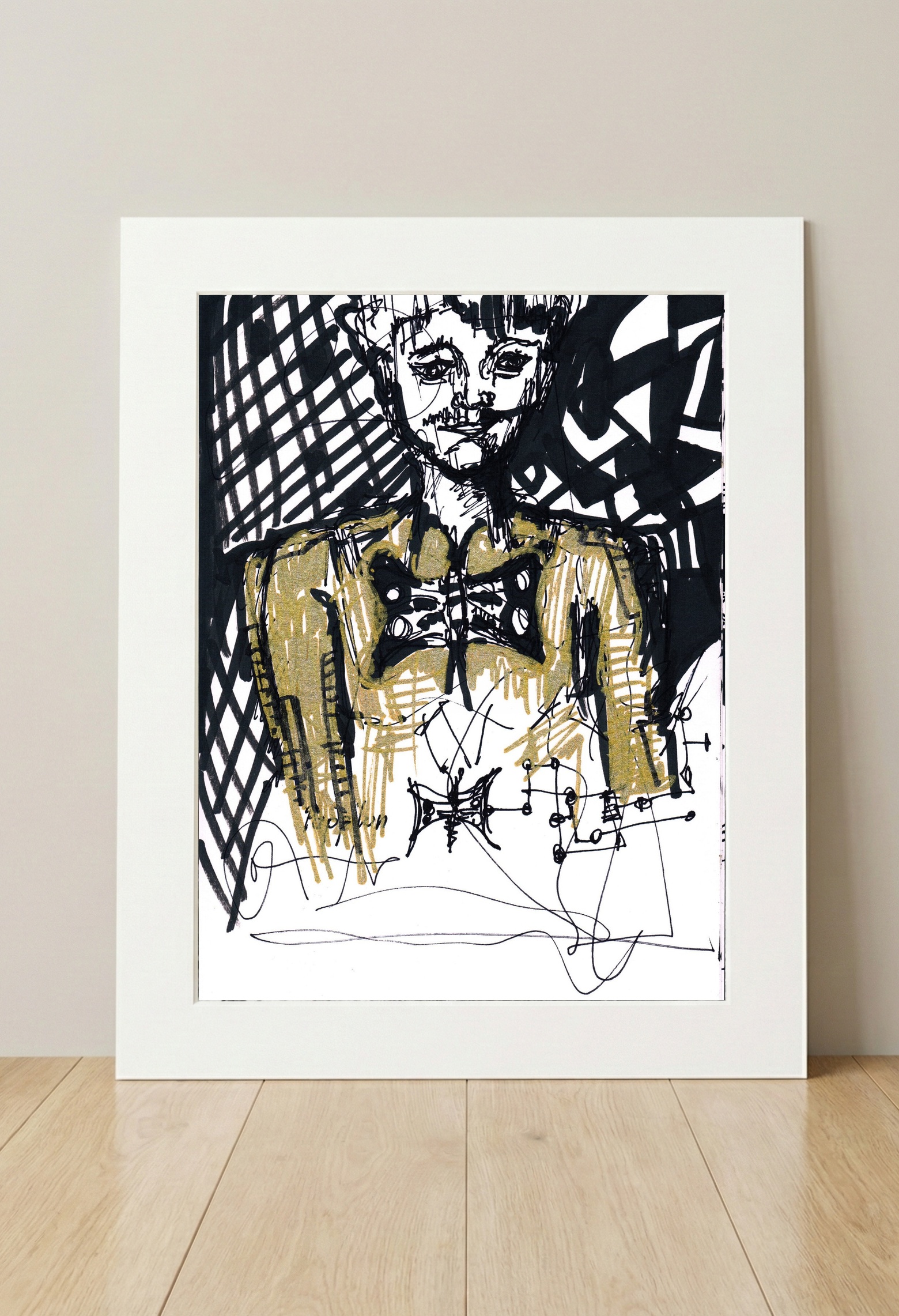 Elegant Black and Gold Figure Drawing — art on the wall, room interior preview 3