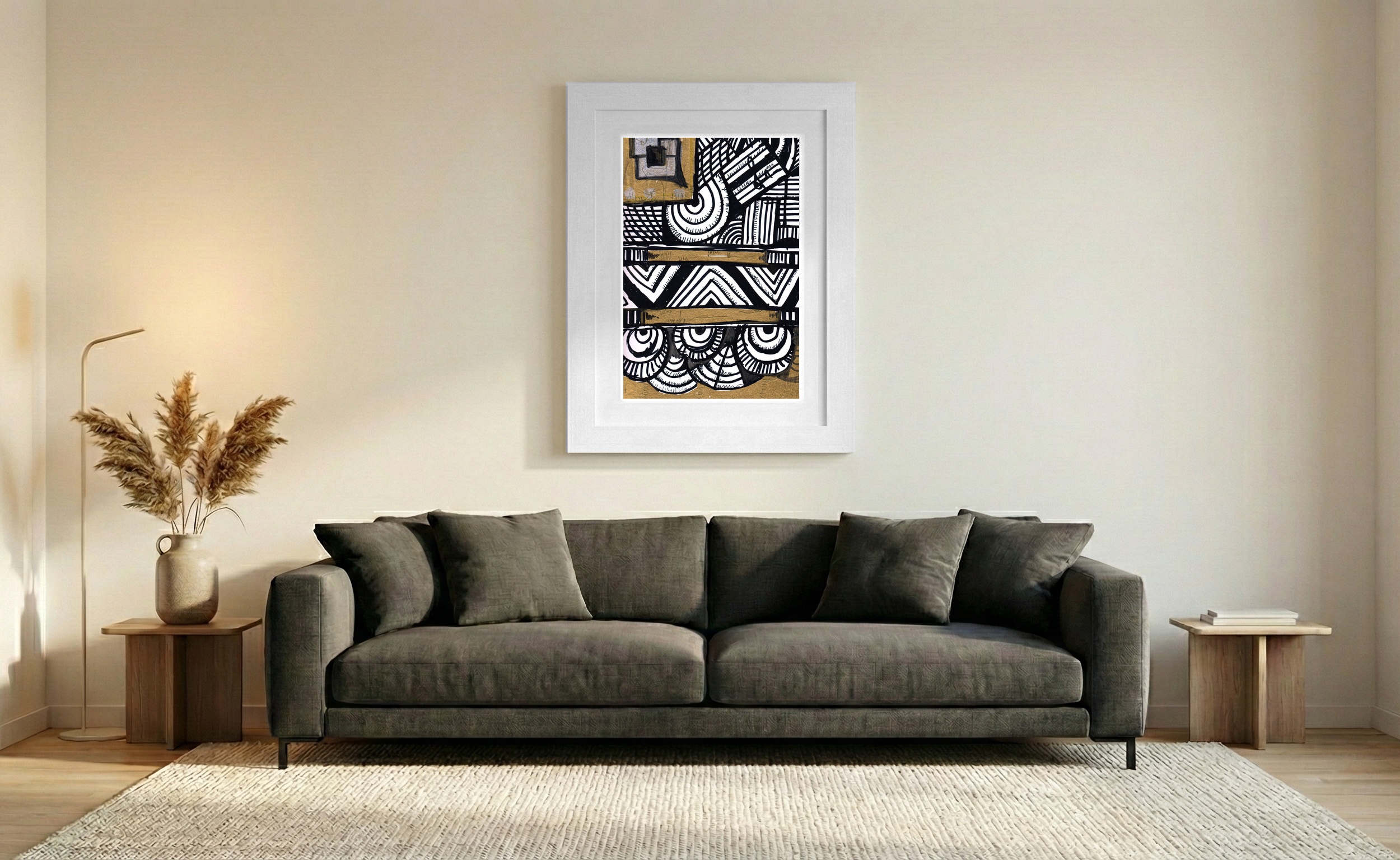 Dynamic Black and Gold Abstract Drawing — art on the wall, room interior preview 1