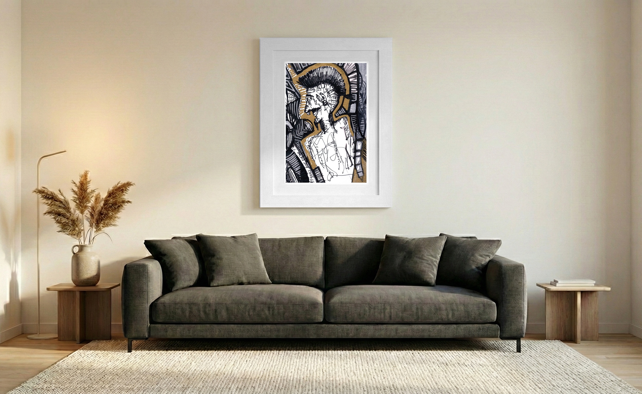 Dynamic Black and Gold Punk Boy Illustration — art on the wall, room interior preview 1