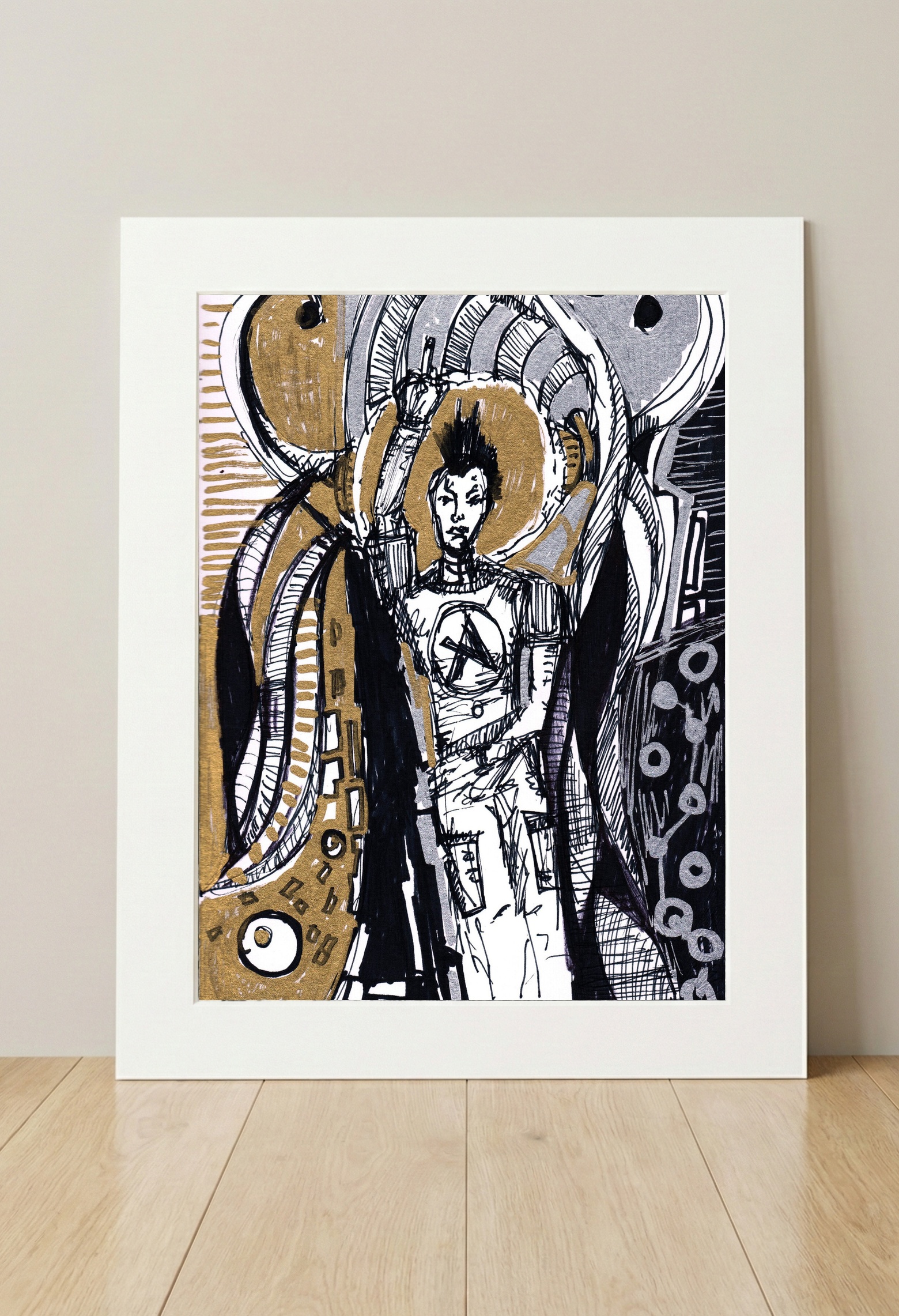 Bold Gold and Black Rebel Figure Drawing — art on the wall, room interior preview 3