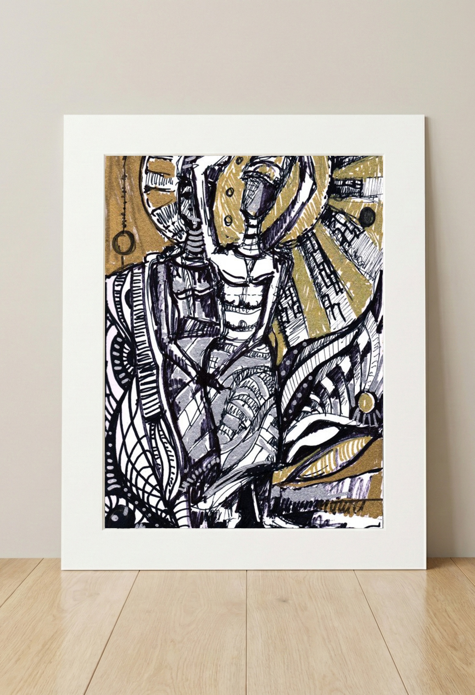 Fluid Gold and Black Dancers Ink Drawing — art on the wall, room interior preview 3
