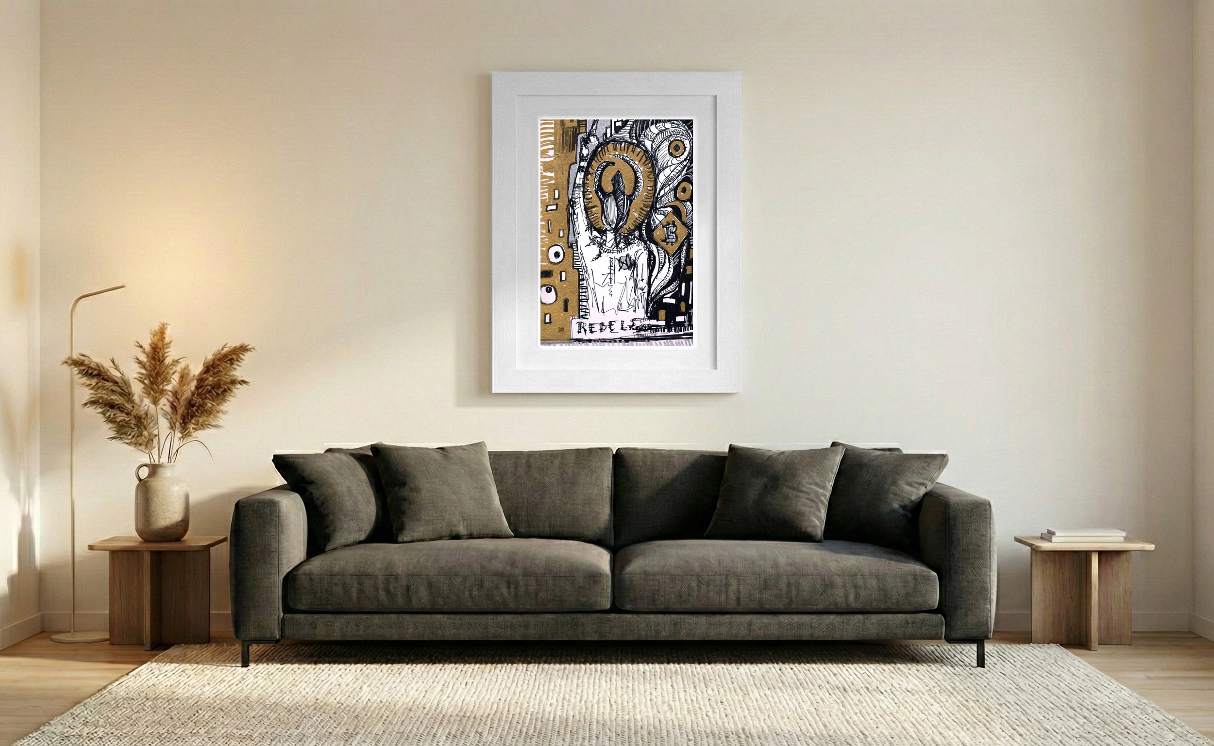 Empowering Gold and Black Rebel Girl Drawing — art on the wall, room interior preview 1