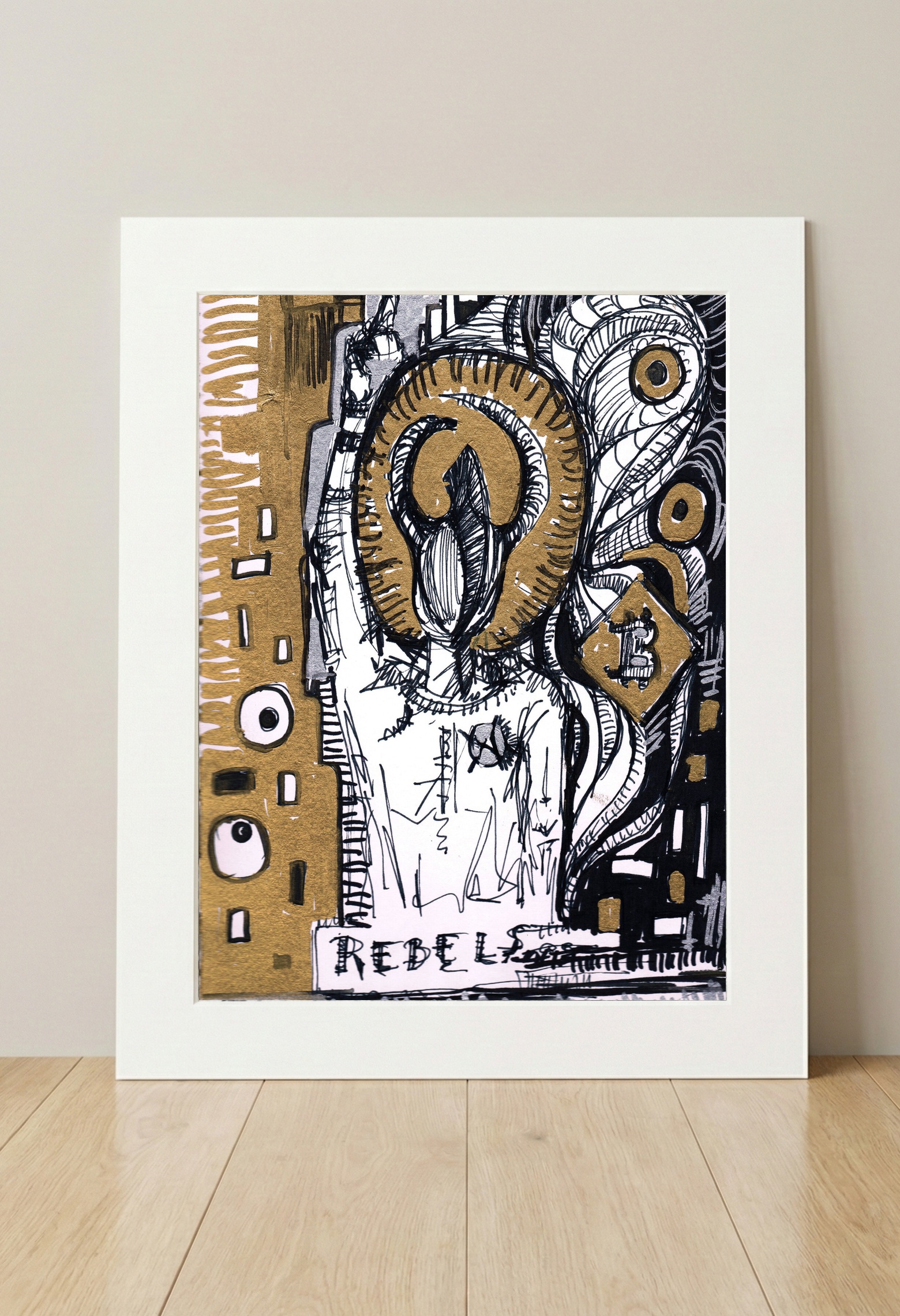 Empowering Gold and Black Rebel Girl Drawing — art on the wall, room interior preview 3