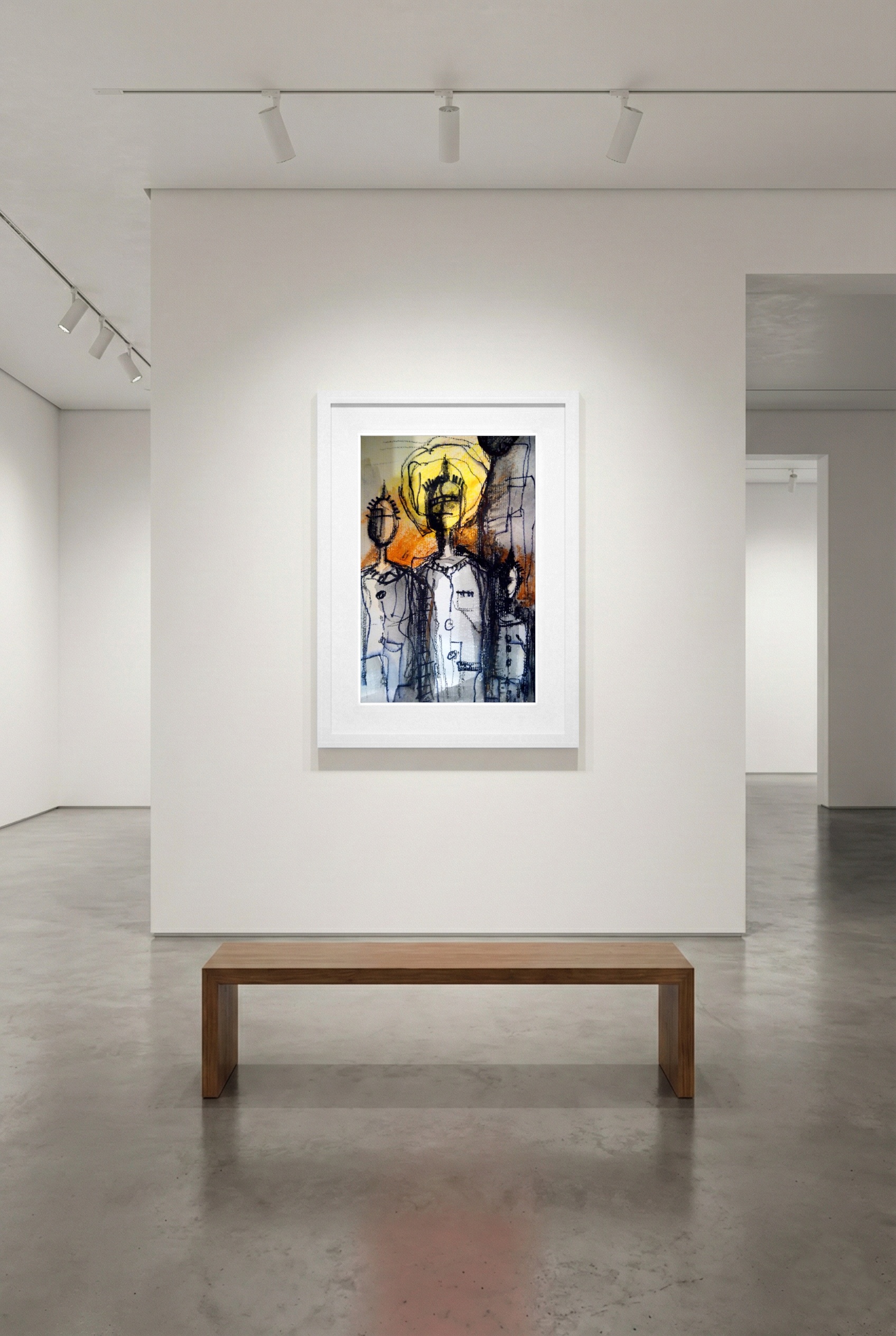 Golden Yellow Abstract Figures Sketch — art on the wall, room interior preview 2