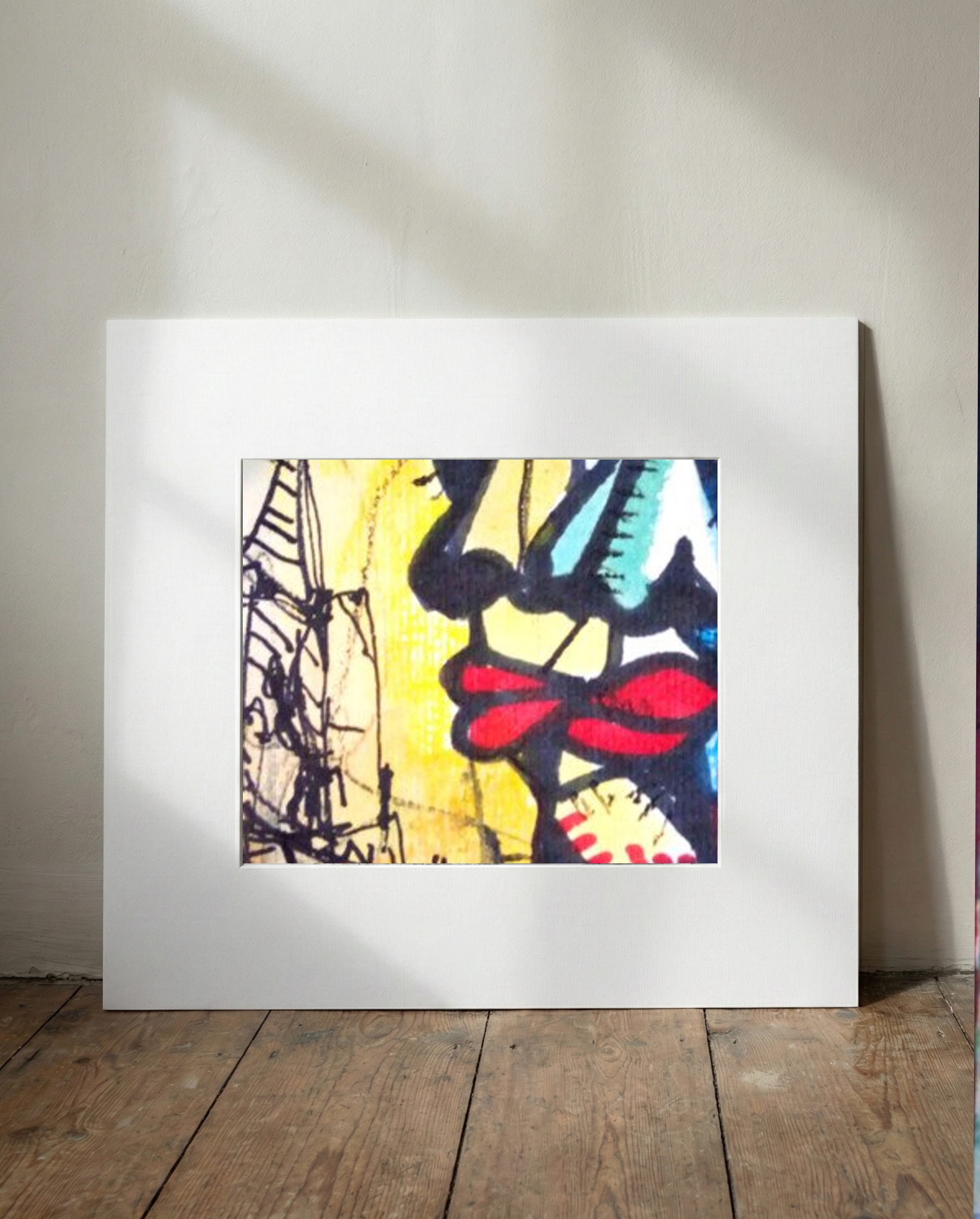 Vivid Blue and Red Portrait Sketch — art on the wall, room interior preview 1