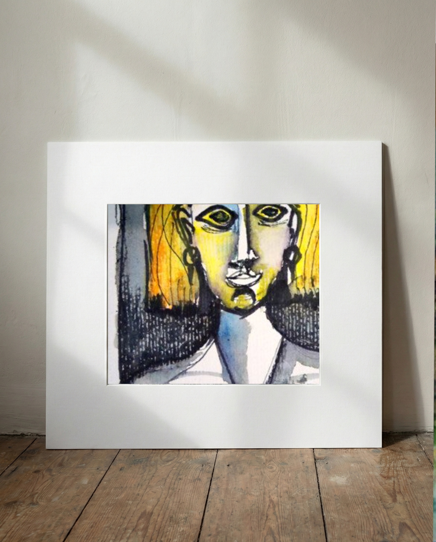 Golden Green Ink Portrait on Paper — art on the wall, room interior preview 1