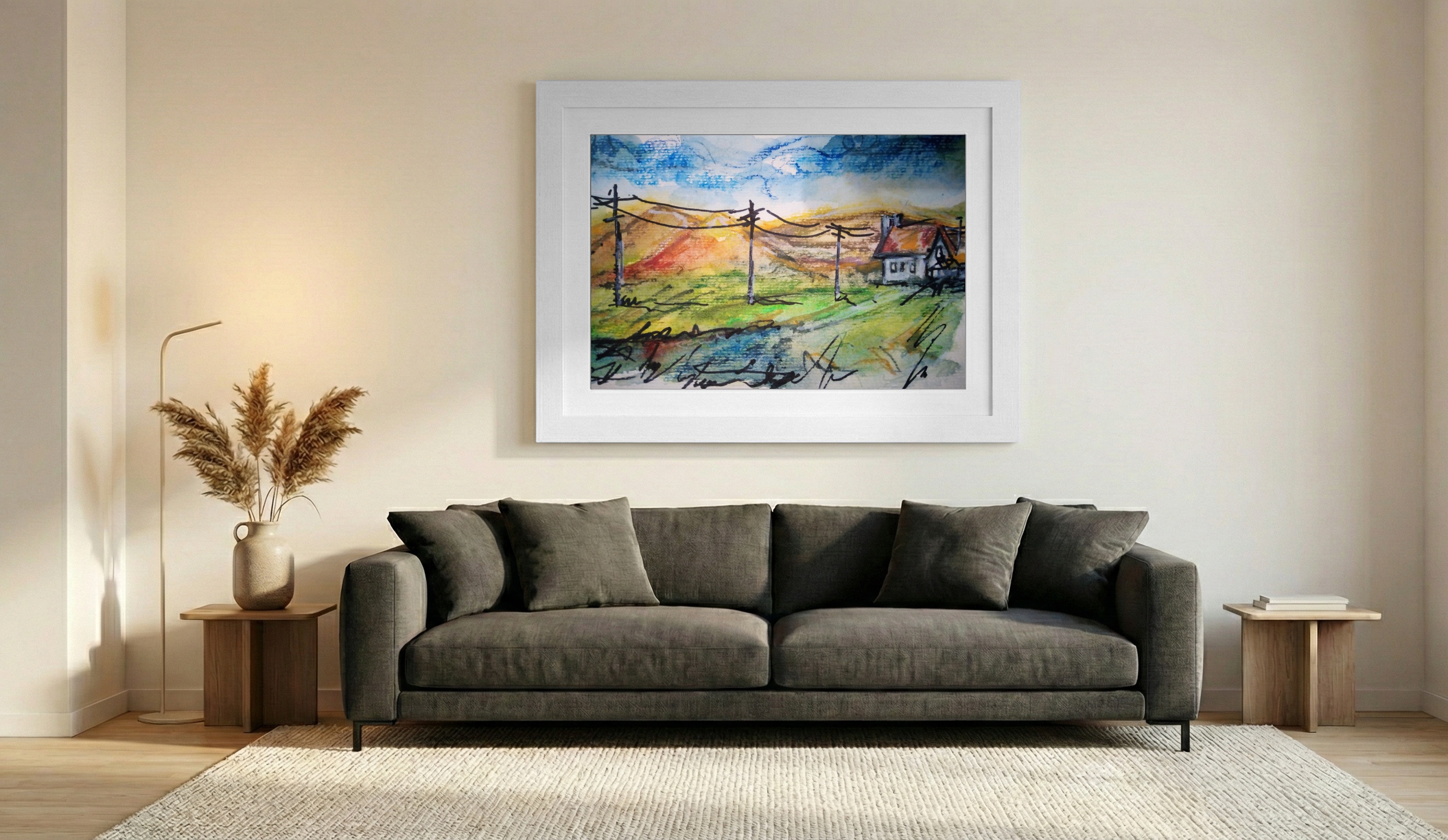 Cobalt Watercolor Landscape Sketch — art on the wall, room interior preview 1