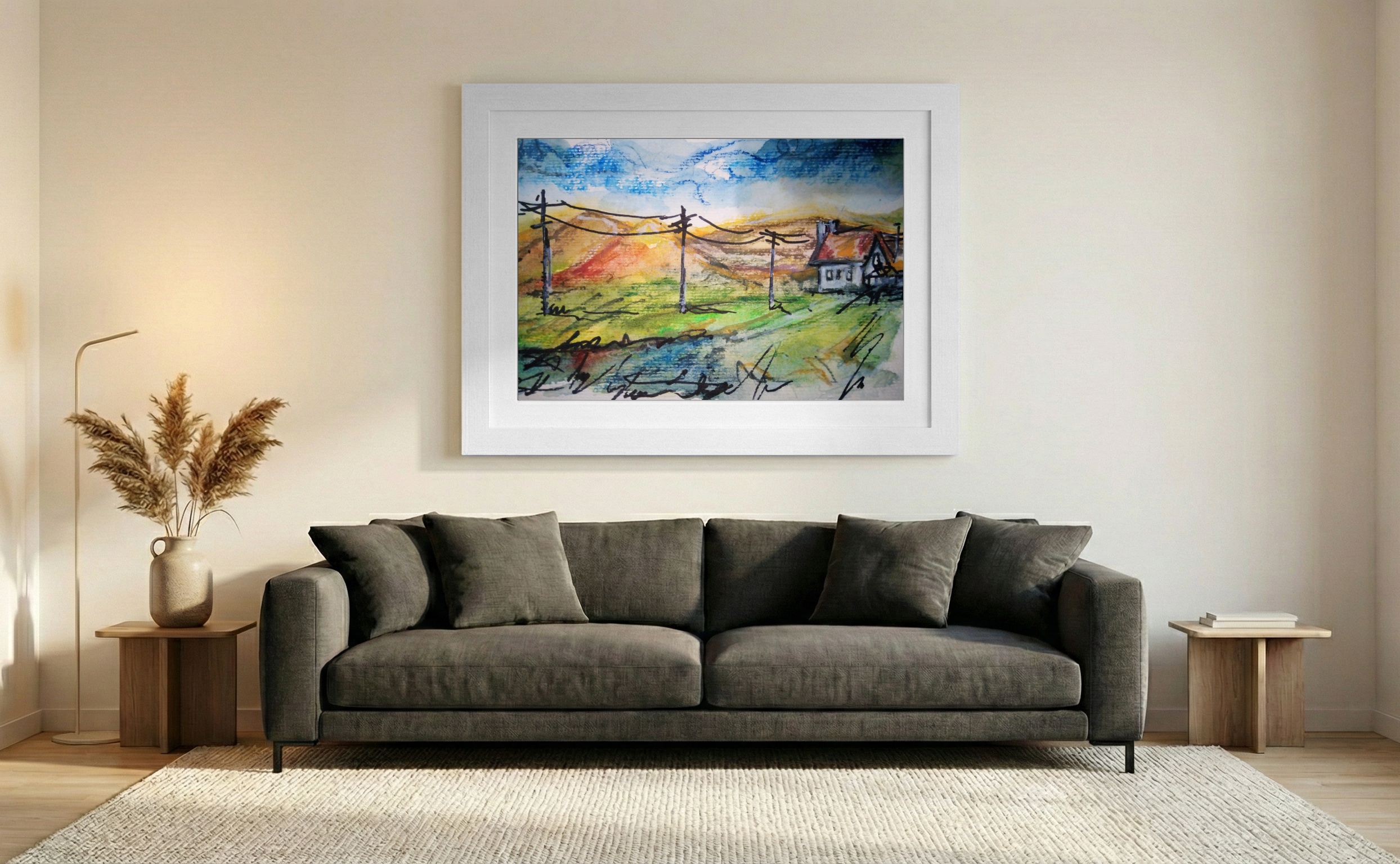 Cobalt Watercolor Landscape Sketch — art on the wall, room interior preview 2