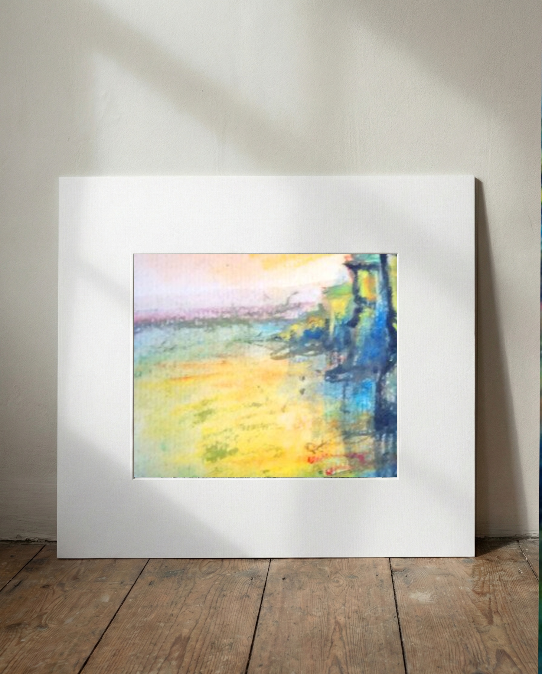 Golden Yellow Coastal Landscape Watercolor — art on the wall, room interior preview 1