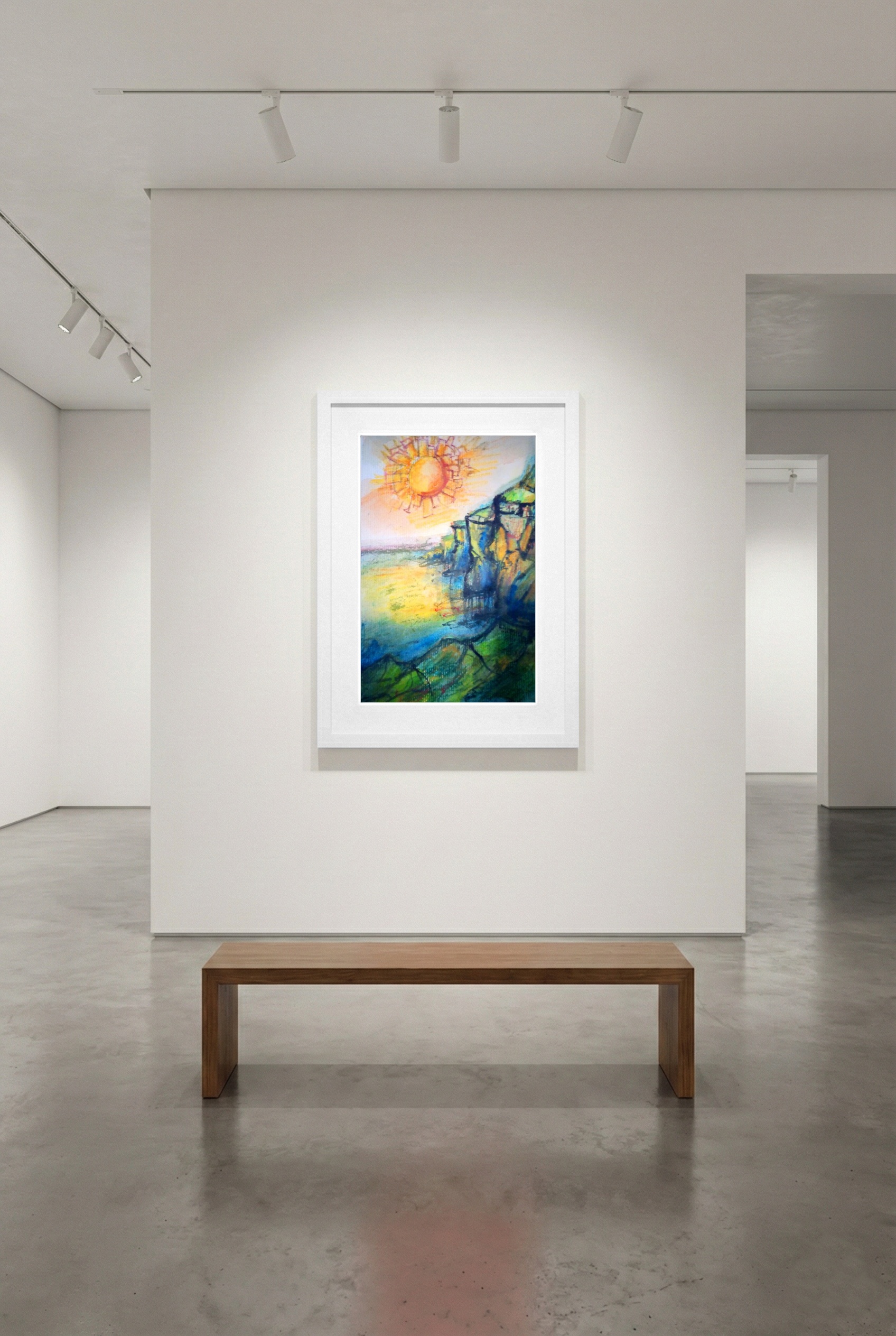 Golden Yellow Coastal Landscape Watercolor — art on the wall, room interior preview 2