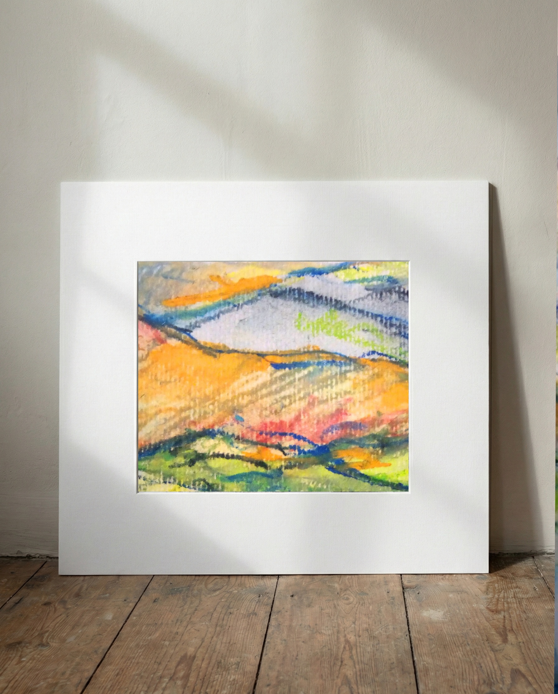 Lush Green and Ochre Hillscape in Watercolor — art on the wall, room interior preview 1