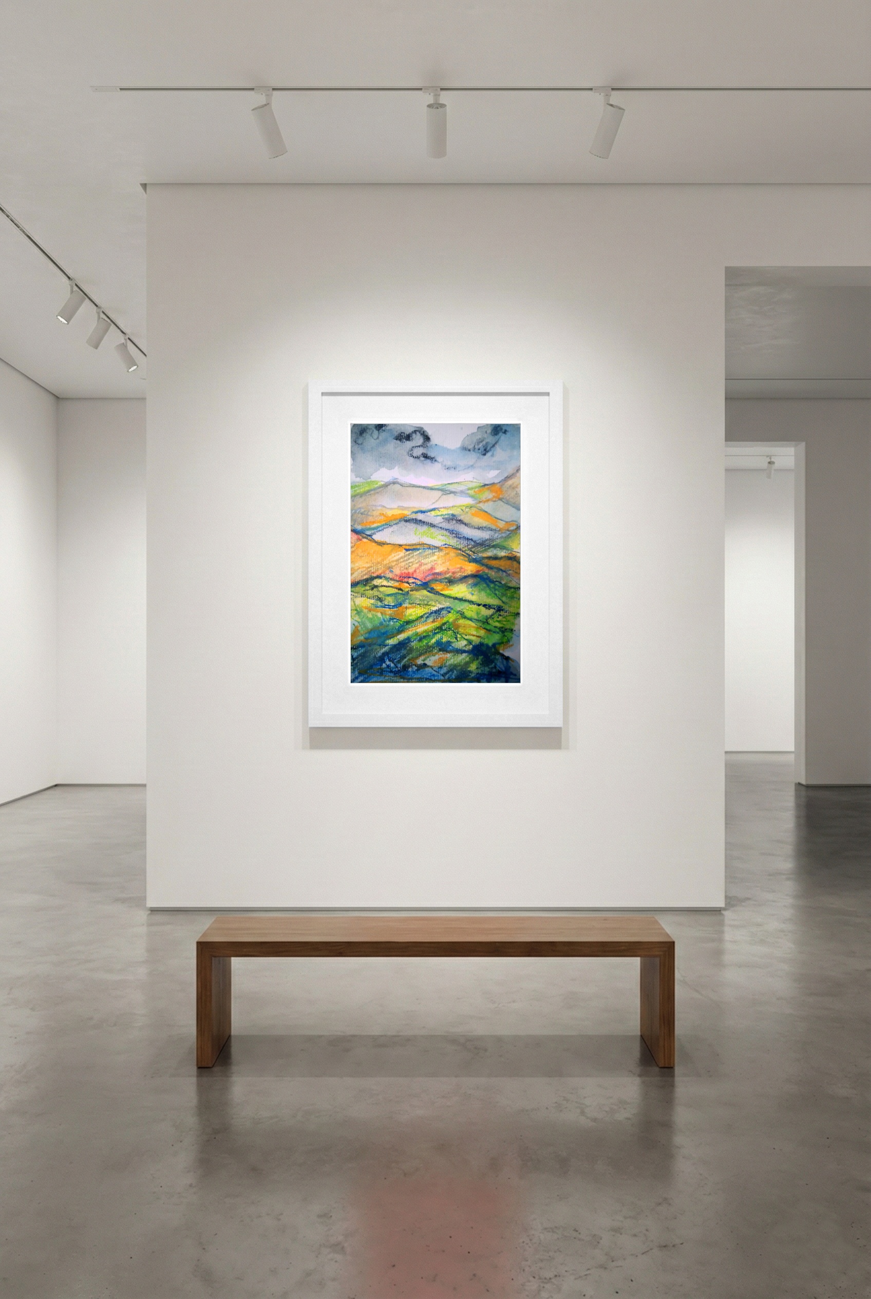 Lush Green and Ochre Hillscape in Watercolor — art on the wall, room interior preview 2