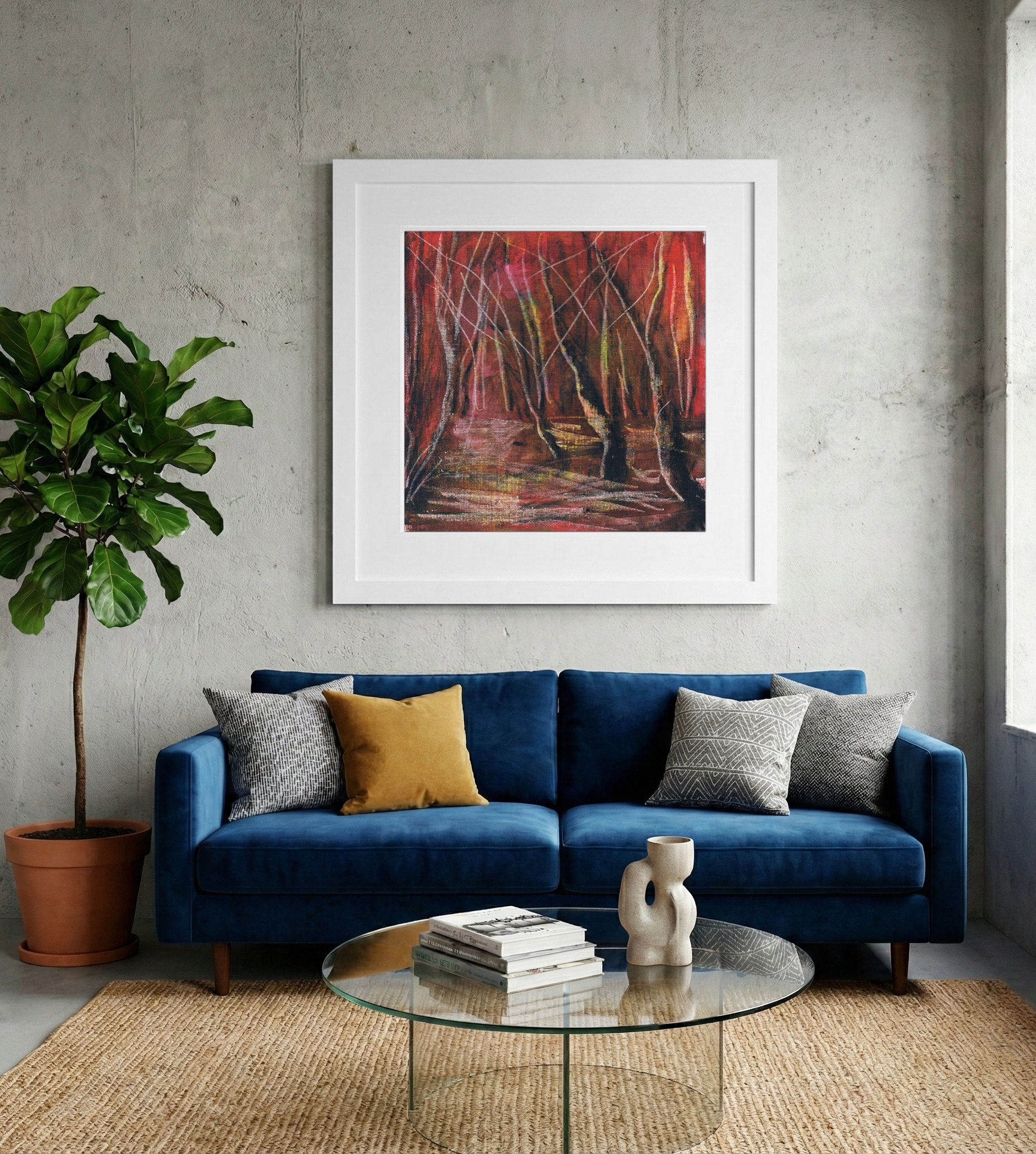 Crimson and Gray Forest Landscape on Canvas — art on the wall, room interior preview 2