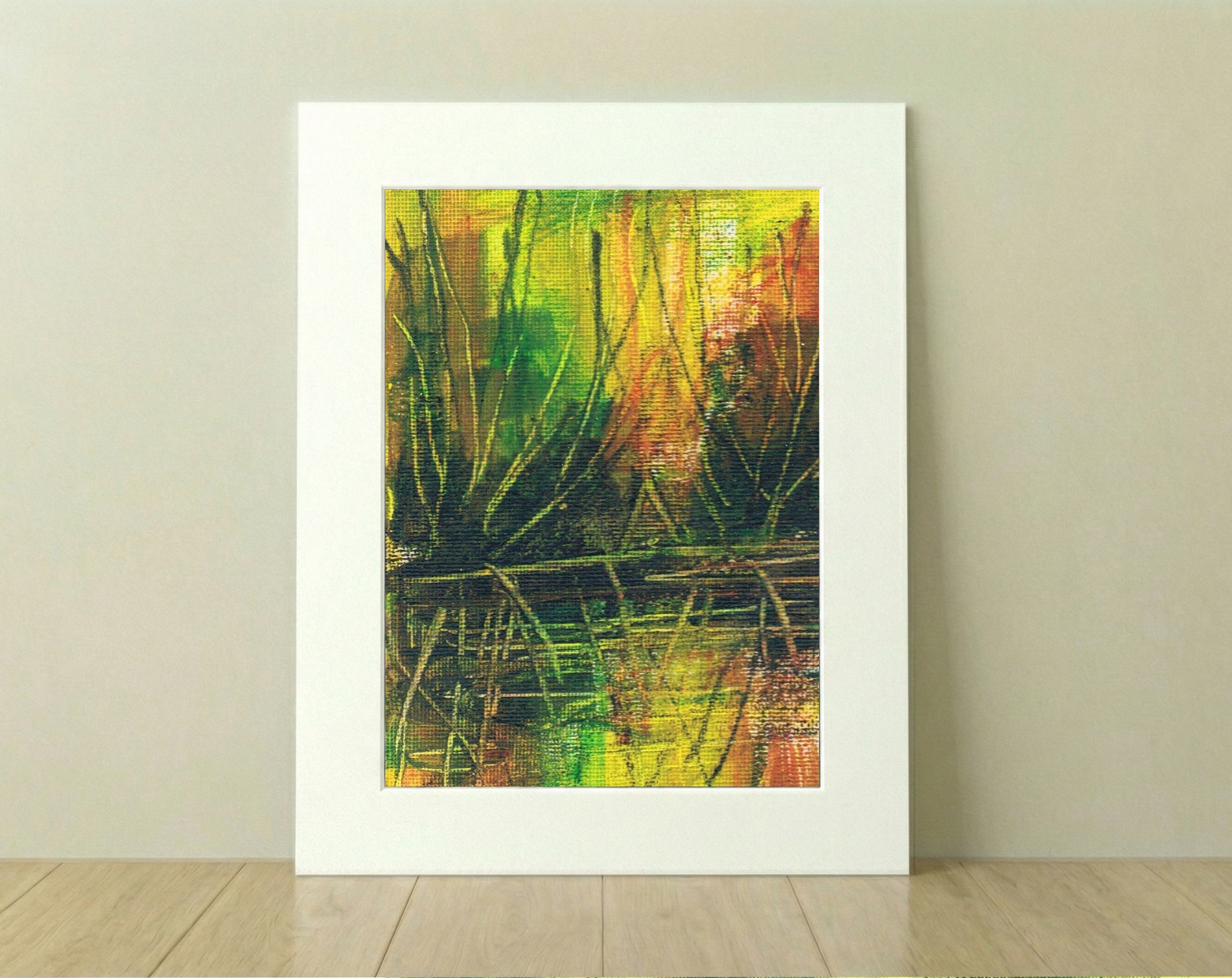 Bright Green and Yellow Acrylic Reflection — art on the wall, room interior preview 2