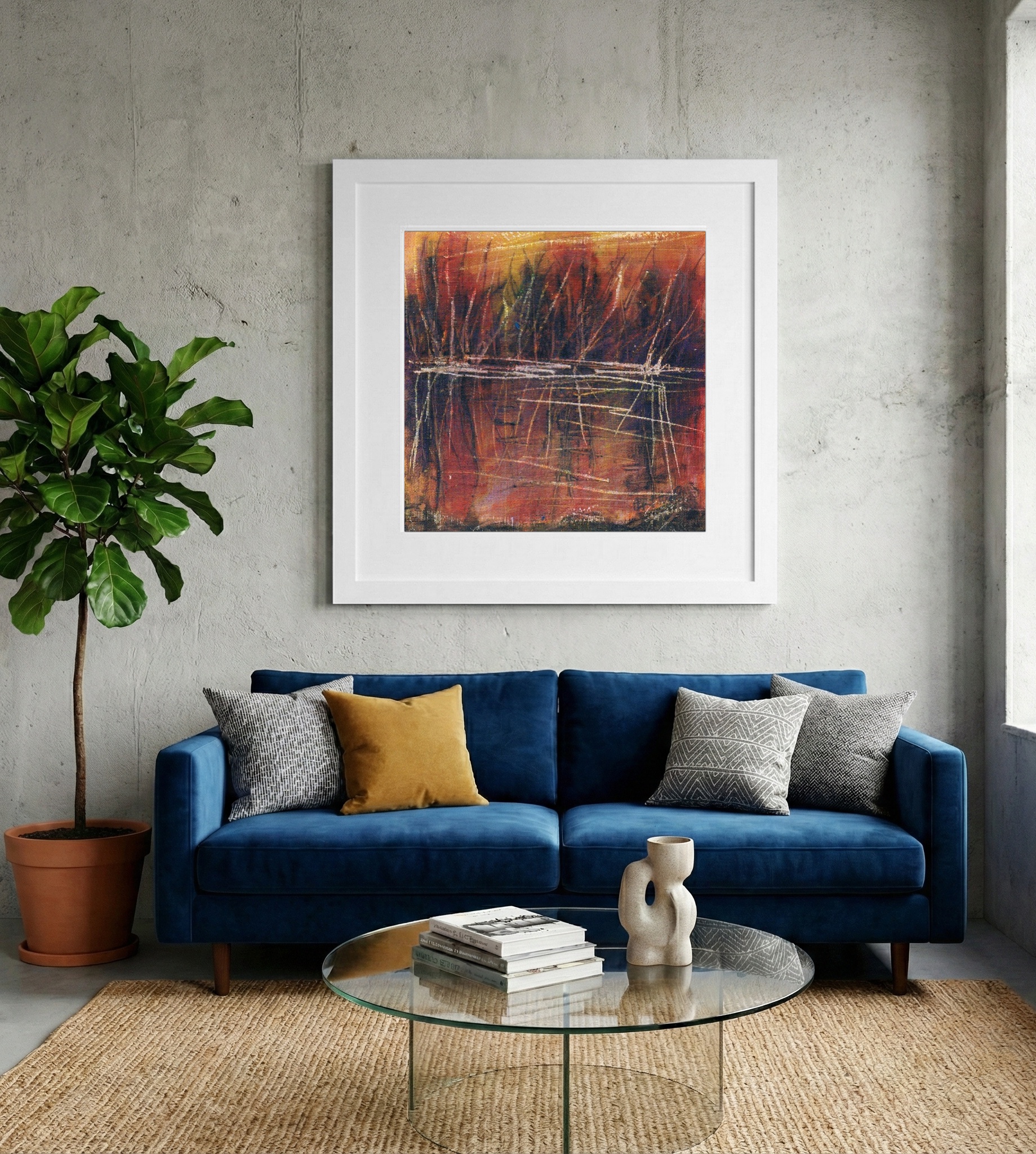 Crimson and Gold Abstract Scene — art on the wall, room interior preview 2
