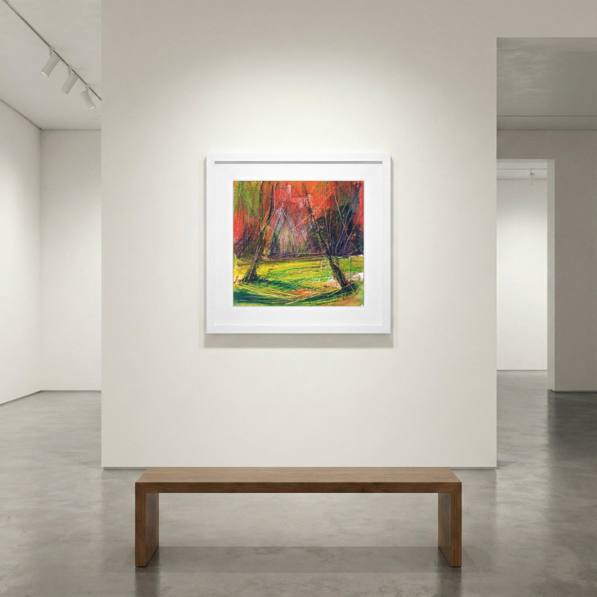 Lush Green and Red Acrylic Landscape — art on the wall, room interior preview 1