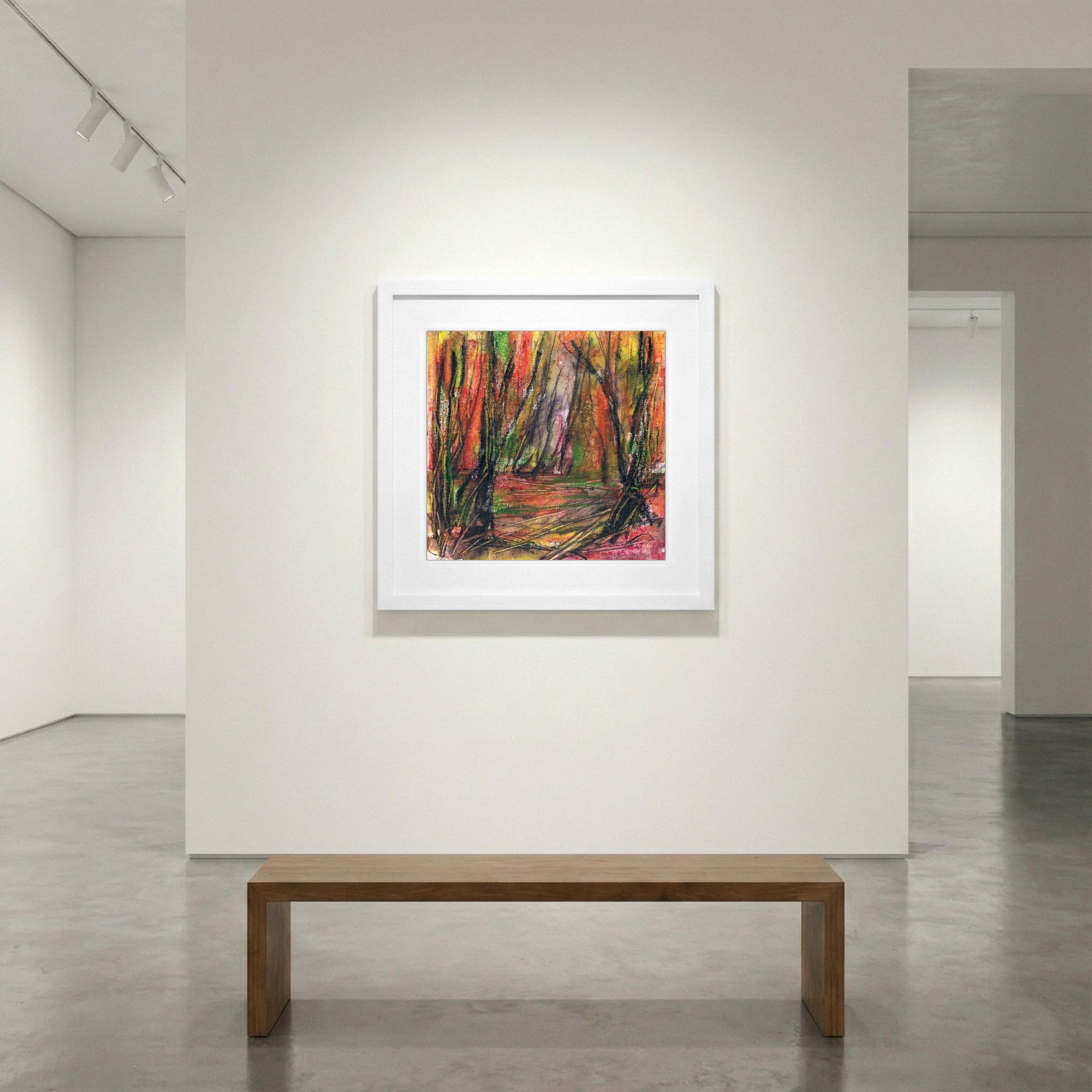 Burnt Orange and Deep Green Oil Landscape — art on the wall, room interior preview 1