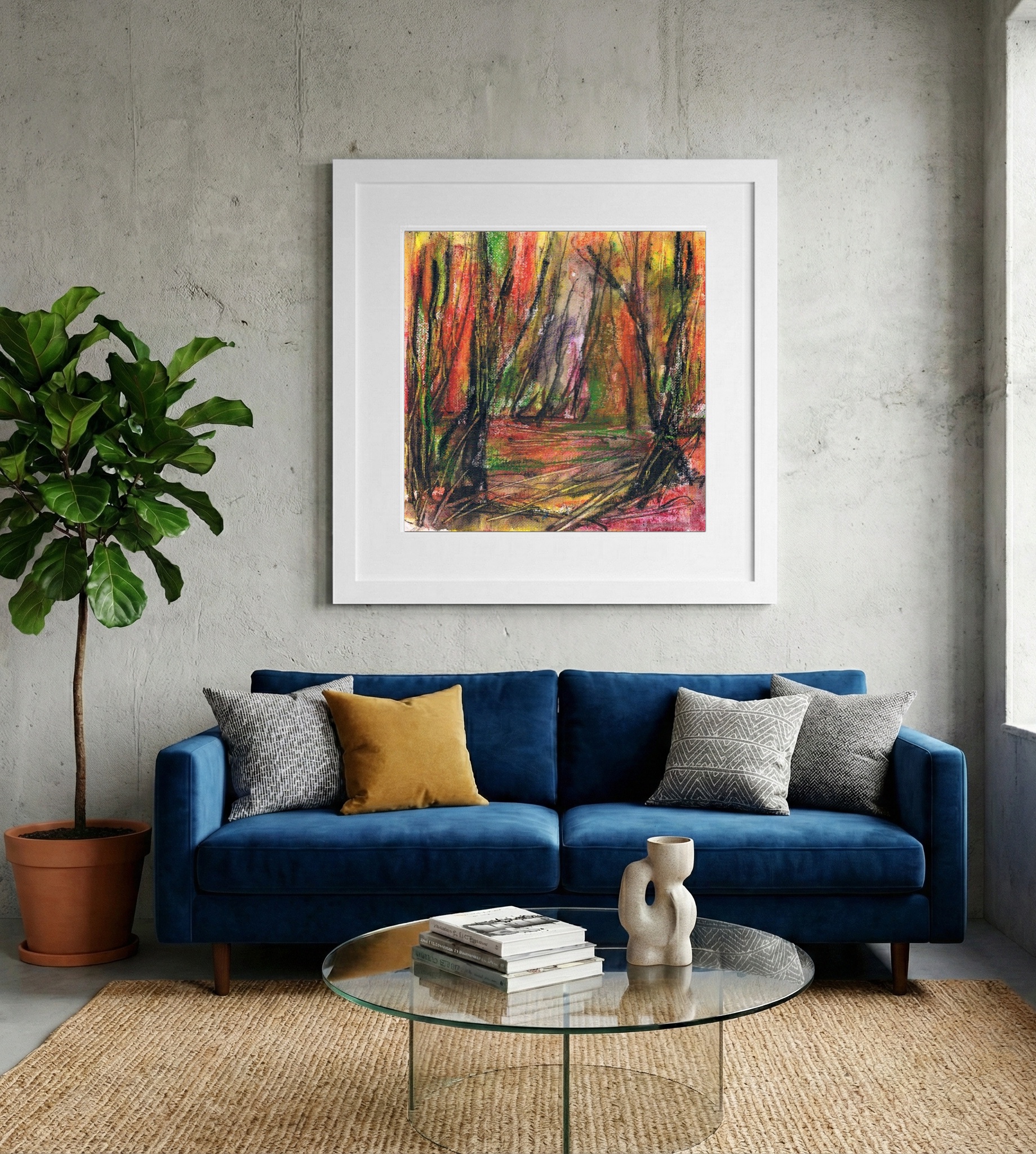 Burnt Orange and Deep Green Oil Landscape — art on the wall, room interior preview 2