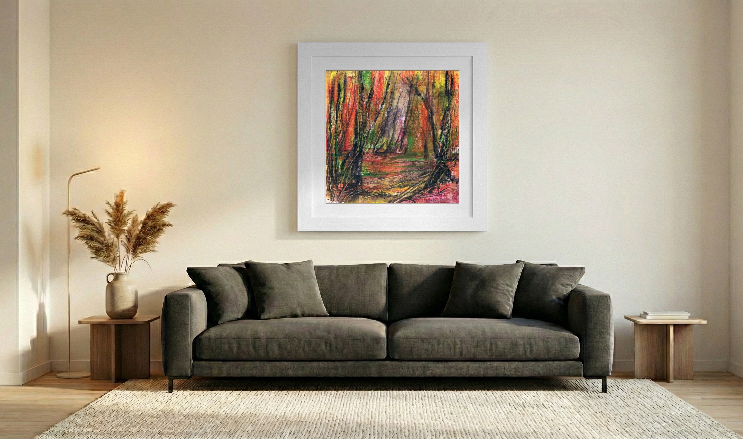 Burnt Orange and Deep Green Oil Landscape — art on the wall, room interior preview 3