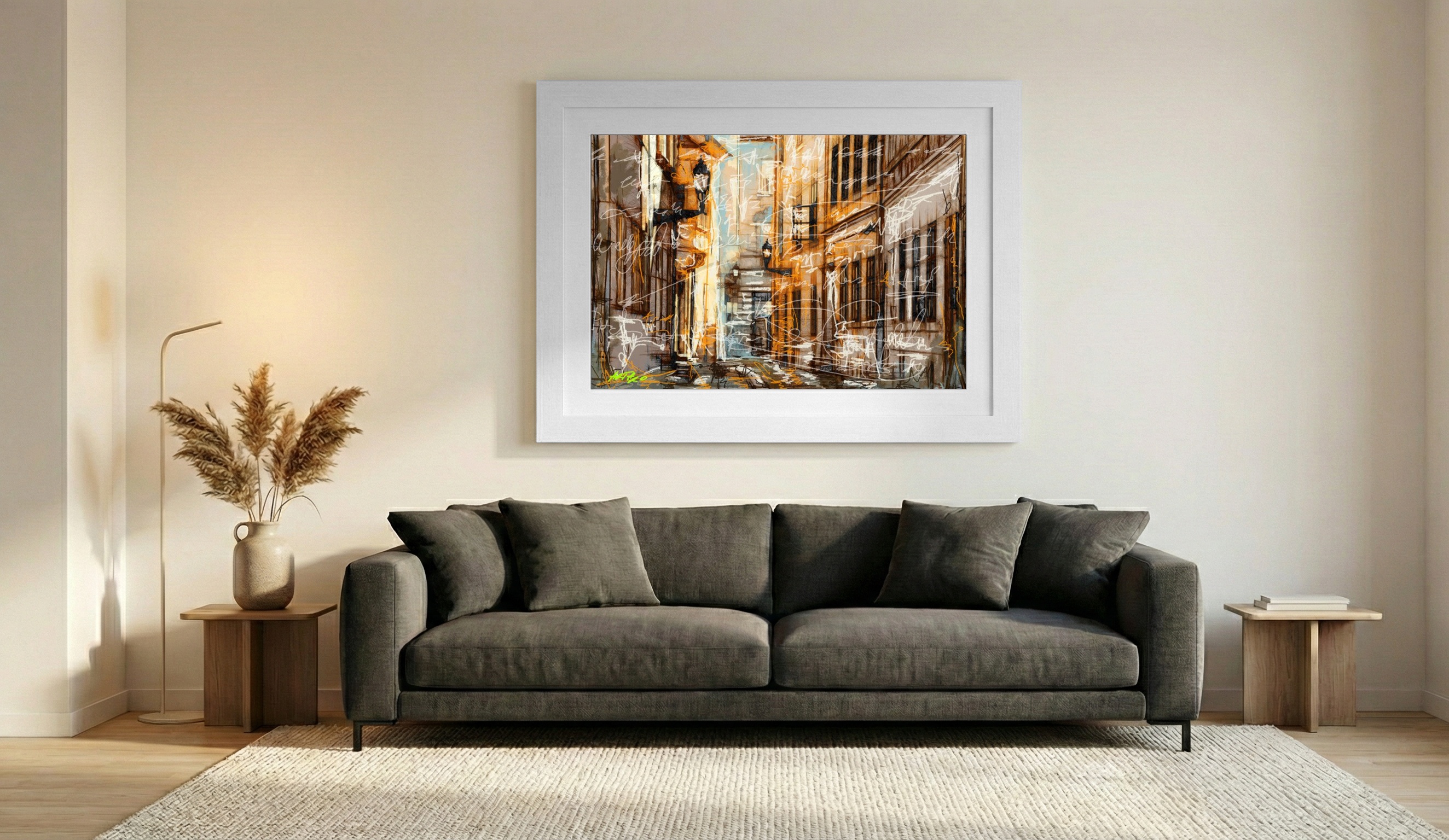 Warm Amber Street Digital Print — art on the wall, room interior preview 1