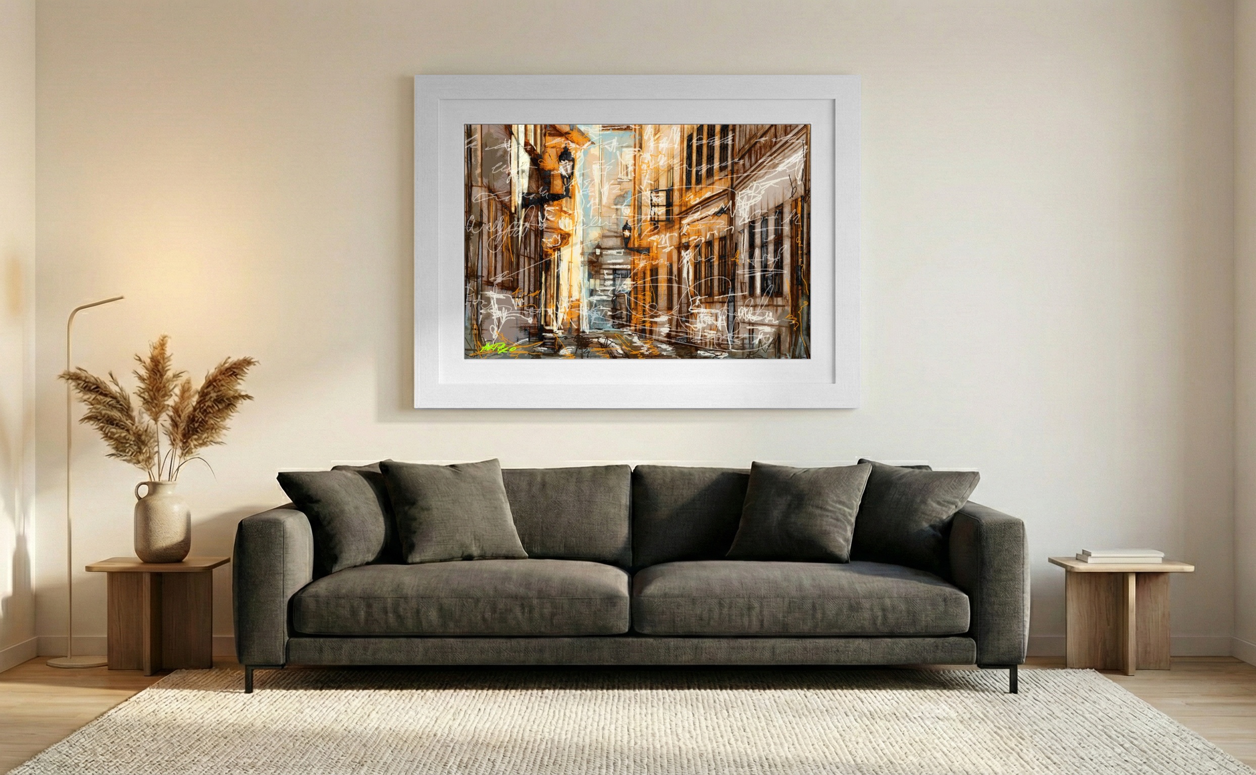 Warm Amber Street Digital Print — art on the wall, room interior preview 2