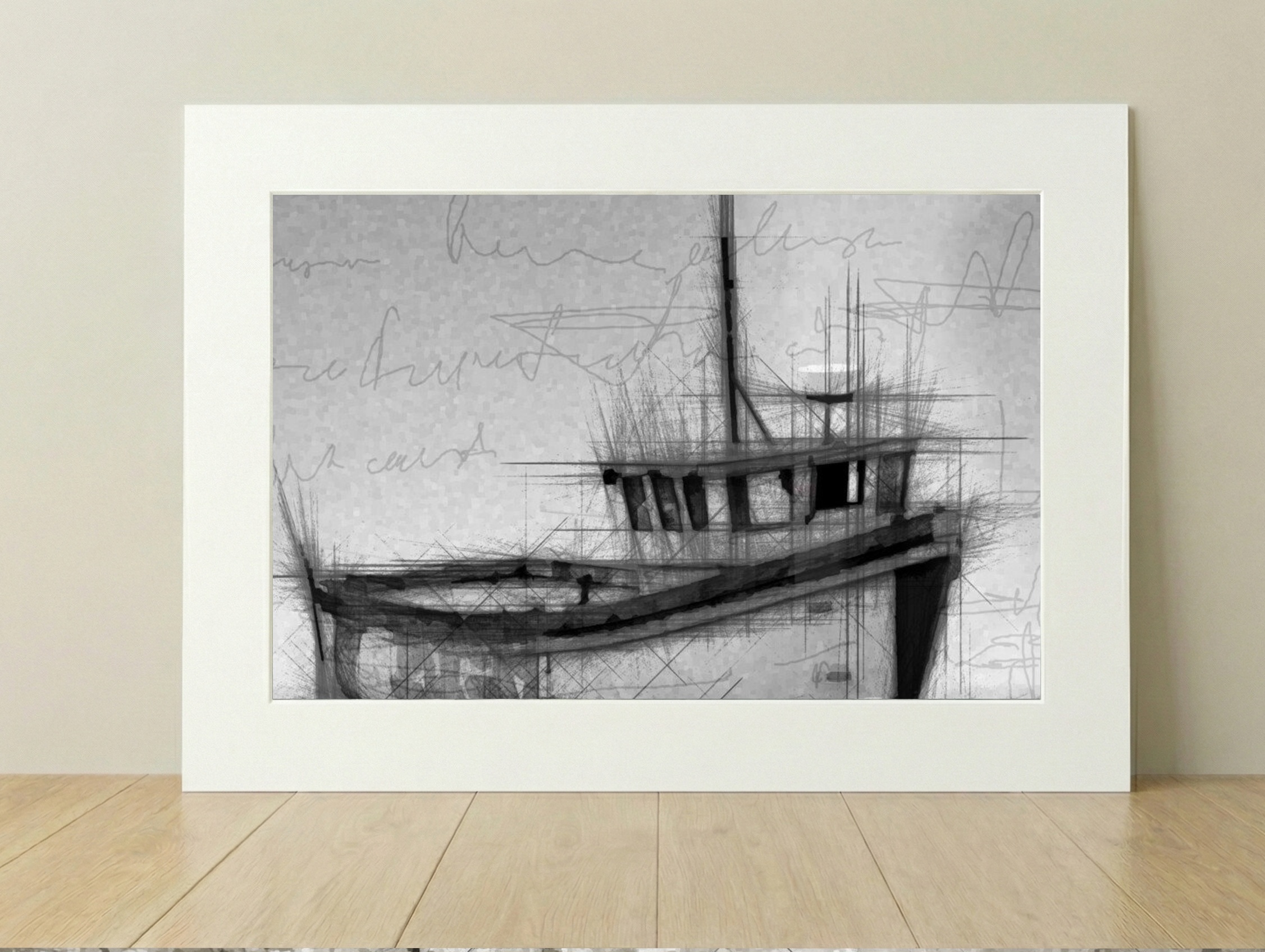 Deep Black Boat Digital Artwork — art on the wall, room interior preview 1