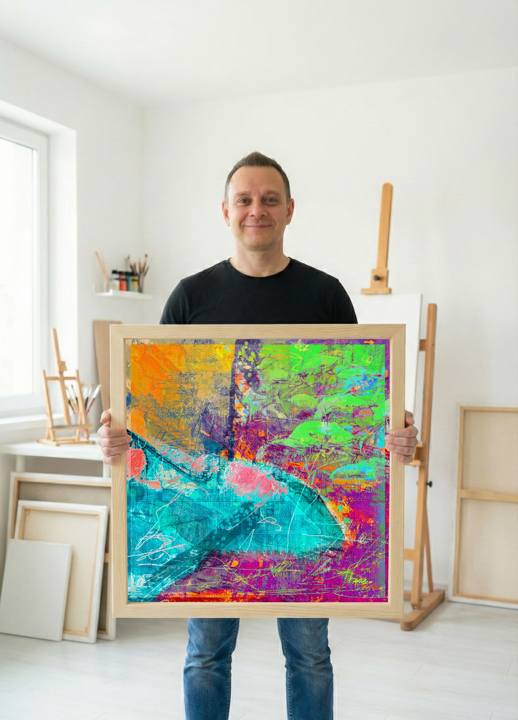 Pink and Aquamarine Shark Digital Print — art on the wall, room interior preview 3