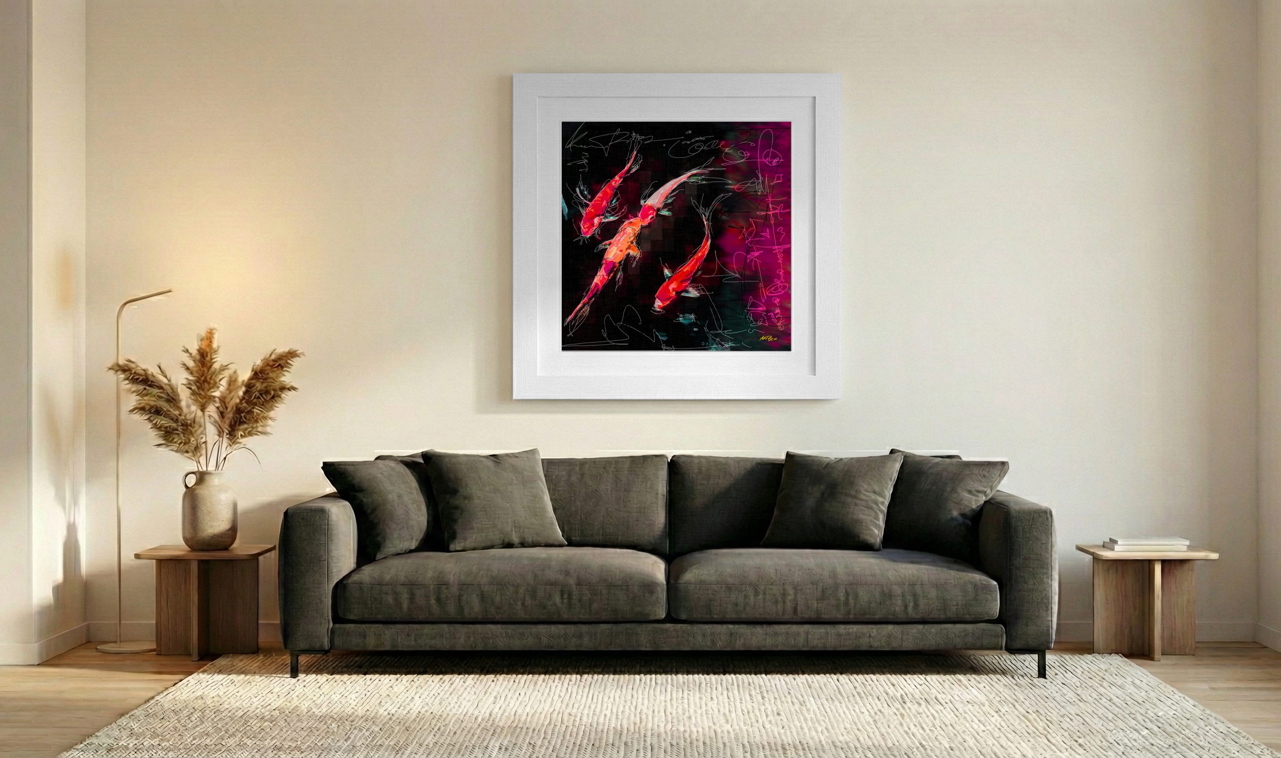 Dynamic Koi Fish in Reds and Whites — art on the wall, room interior preview 3