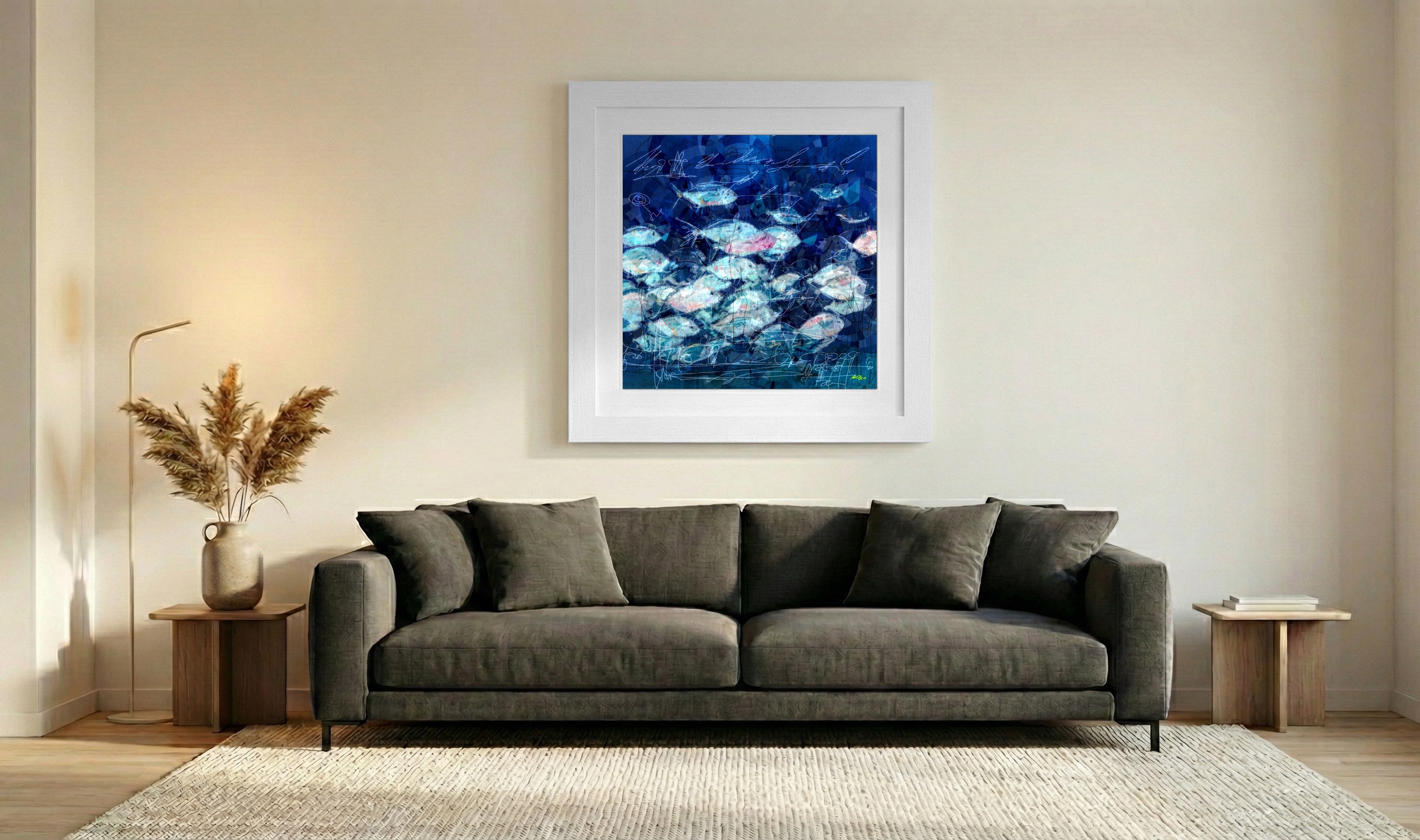 Cerulean and Pink Fish Digital Artwork — art on the wall, room interior preview 3
