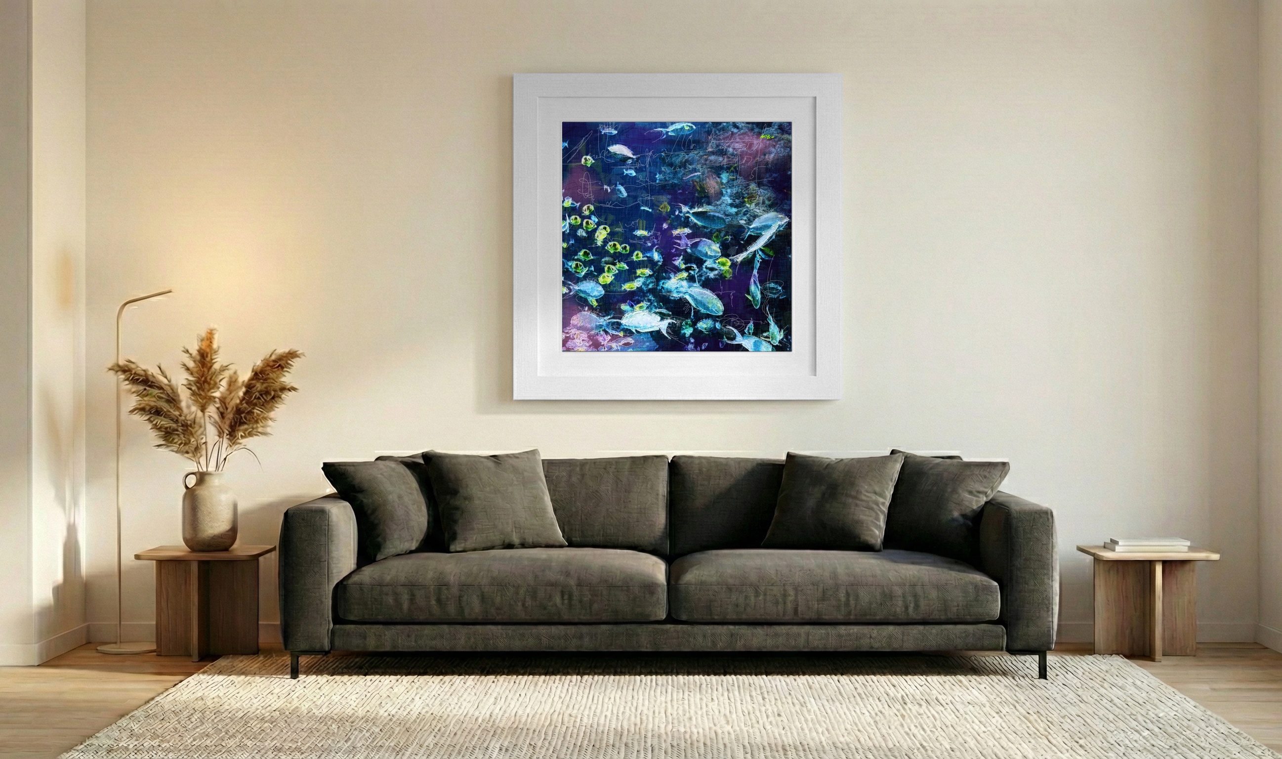 Whimsical Blue Fish Digital Art — art on the wall, room interior preview 3