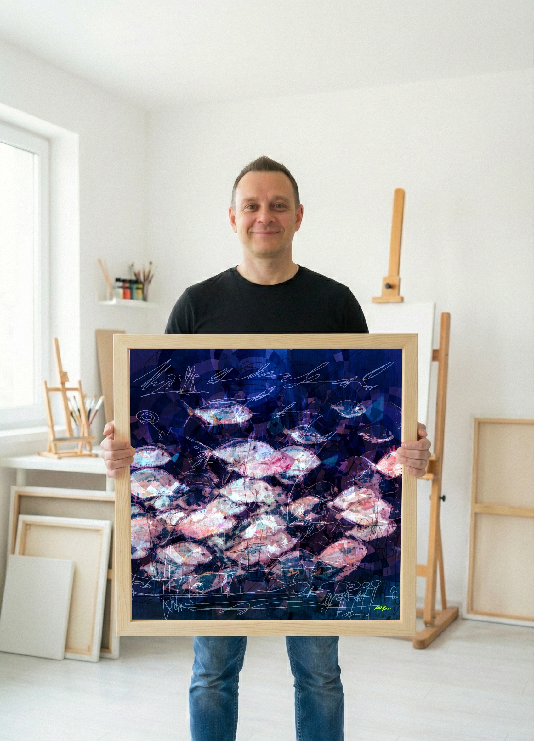 Navy and Pink School of Fish — art on the wall, room interior preview 2