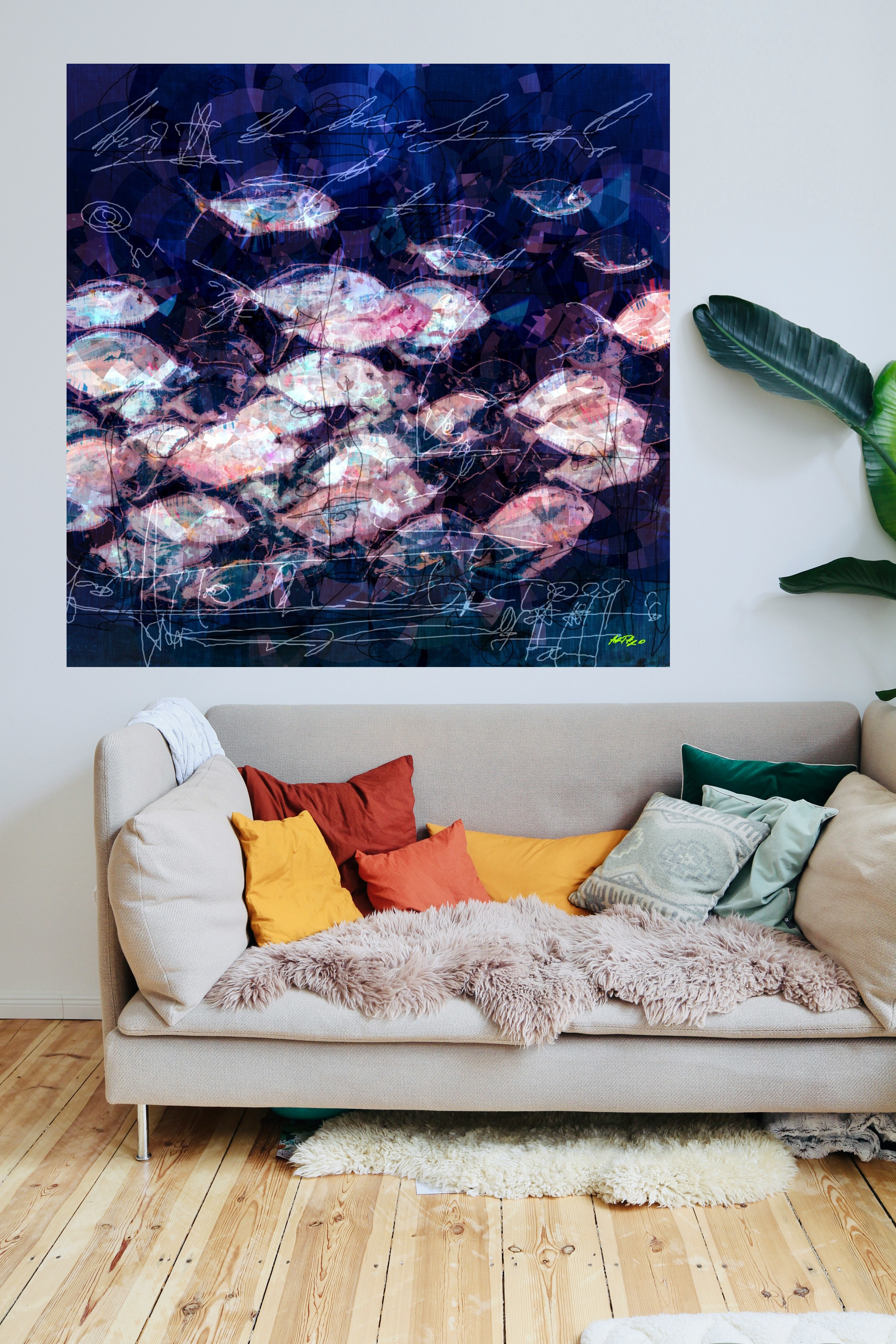 Navy and Pink School of Fish — art on the wall, room interior preview 3