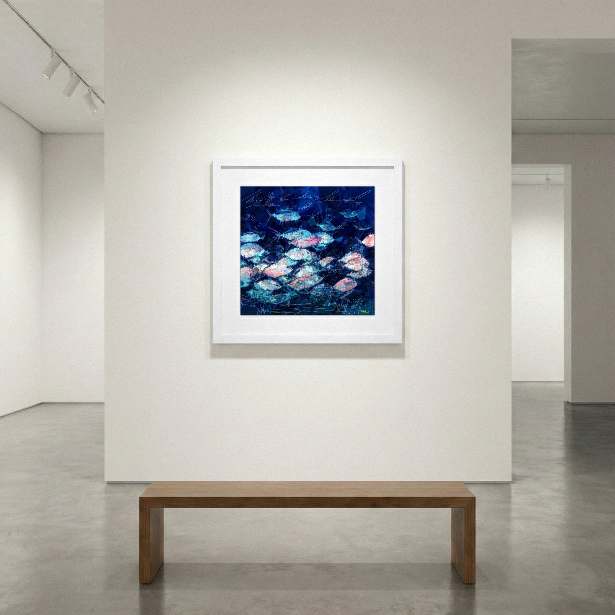 Cerulean and Pink Fish Flow — art on the wall, room interior preview 1