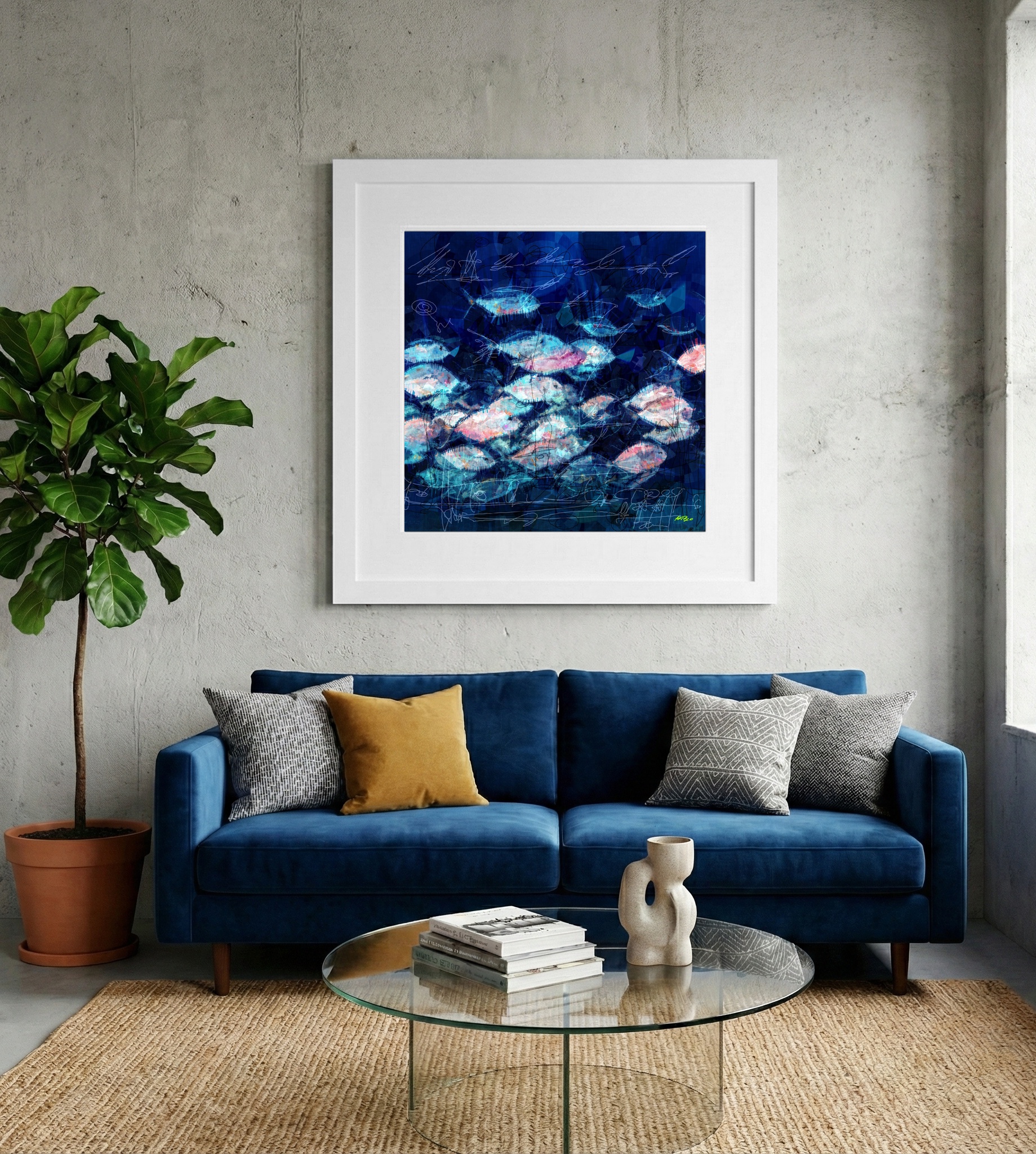 Cerulean and Pink Fish Flow — art on the wall, room interior preview 2