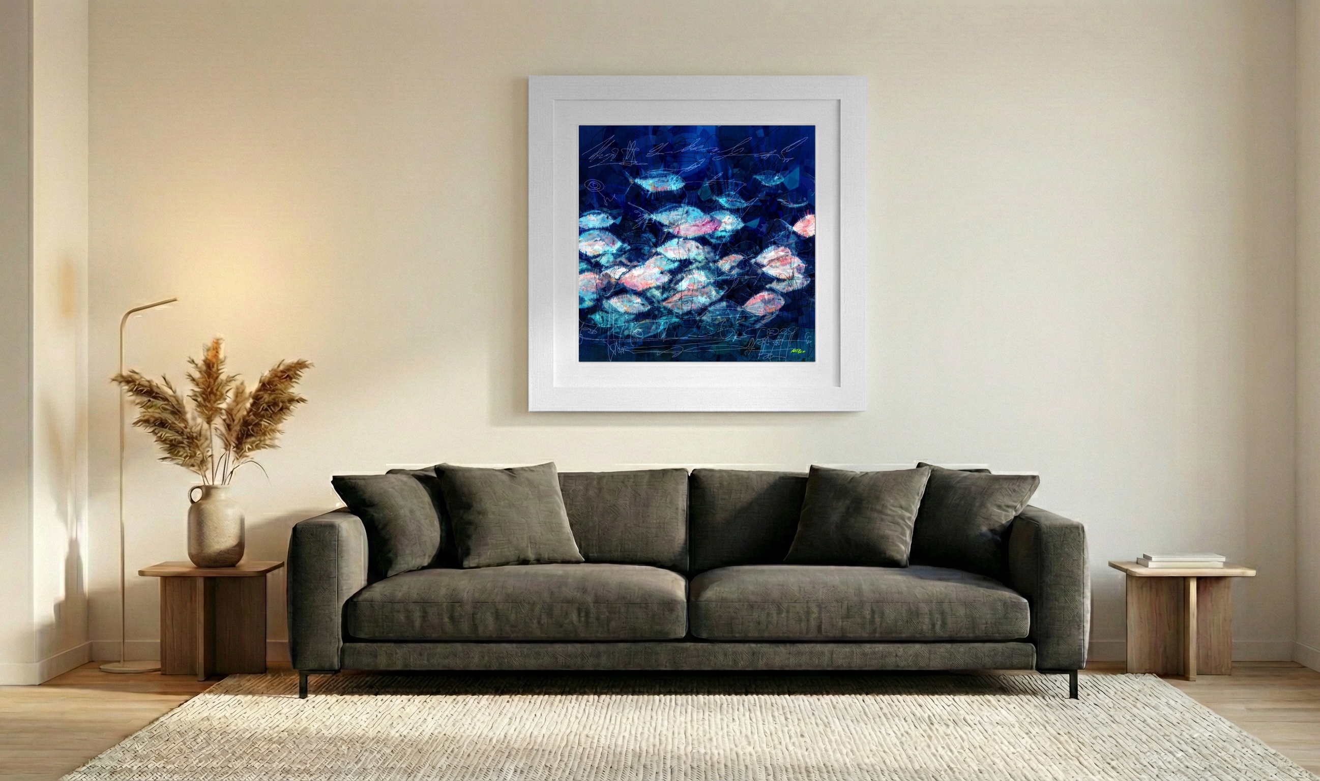Cerulean and Pink Fish Flow — art on the wall, room interior preview 3