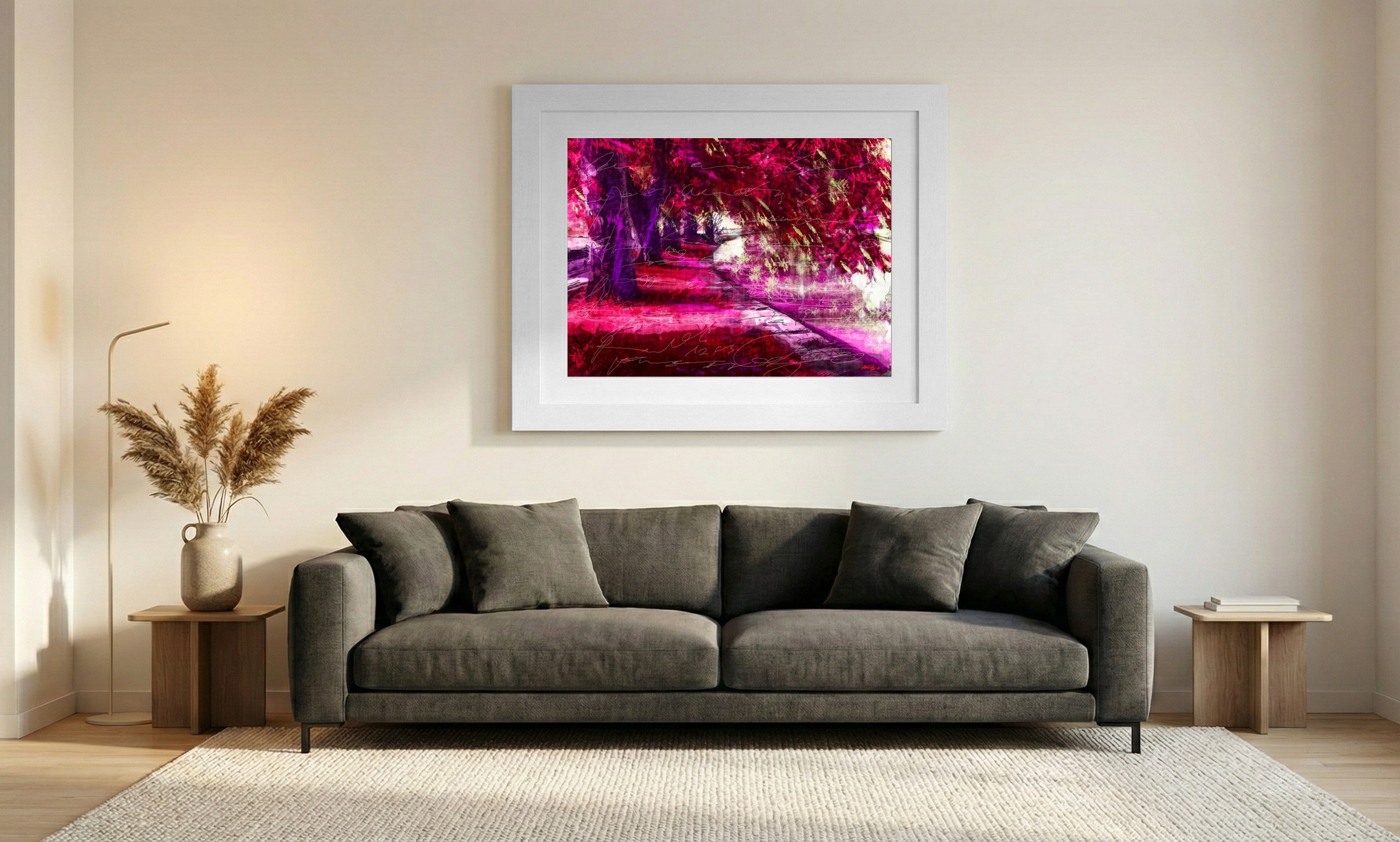 Fuchsia and Purple Autumn Leaves — art on the wall, room interior preview 1