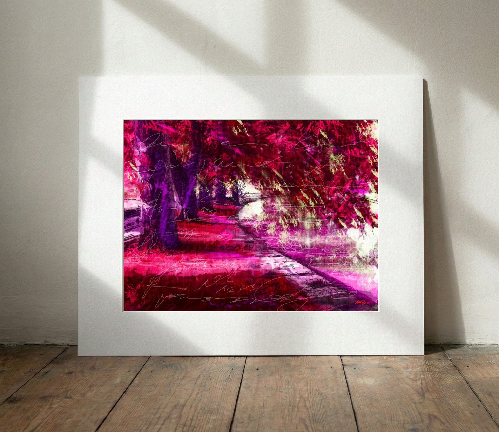 Fuchsia and Purple Autumn Leaves — art on the wall, room interior preview 3