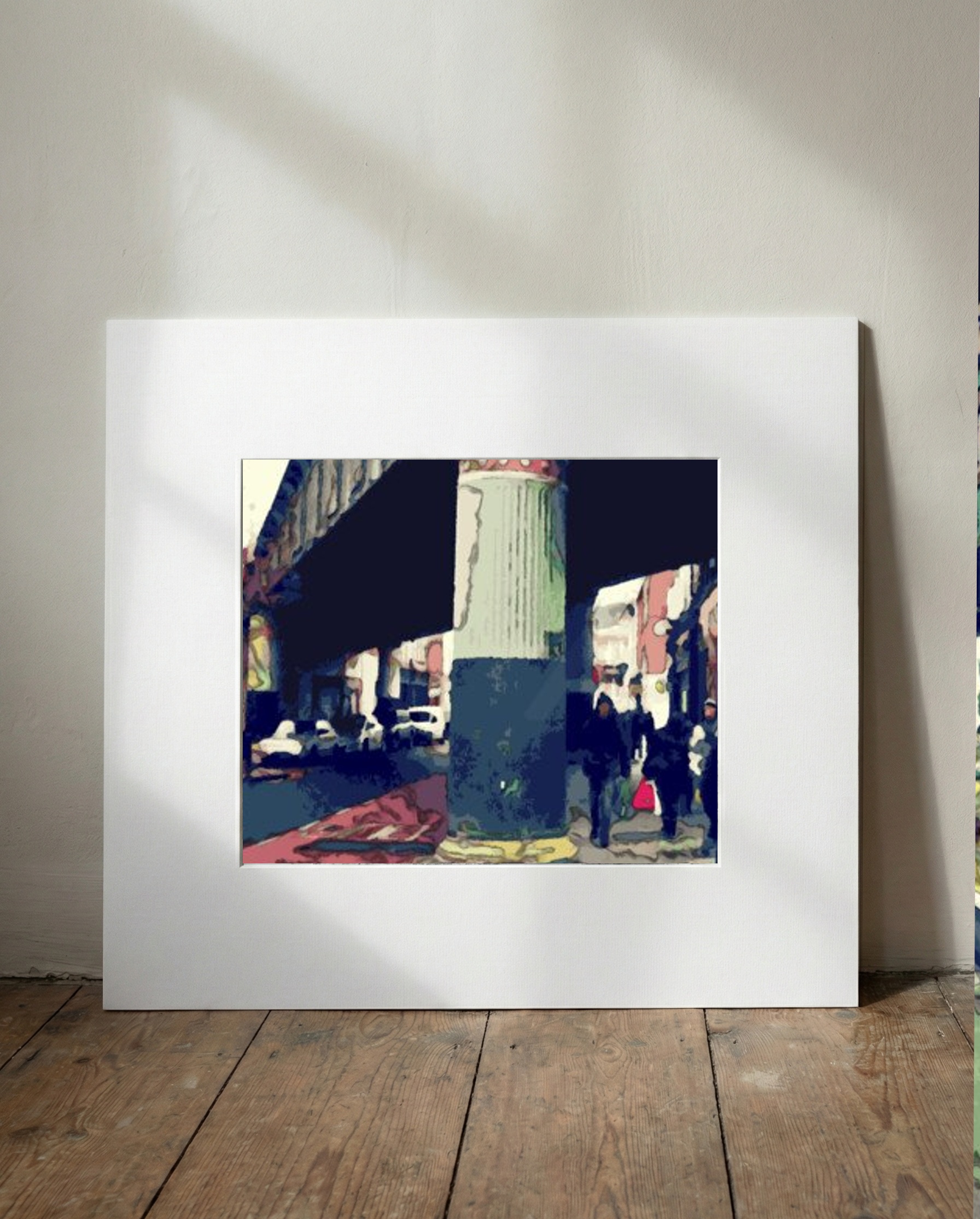 Teal and Crimson Urban Landscape — art on the wall, room interior preview 1