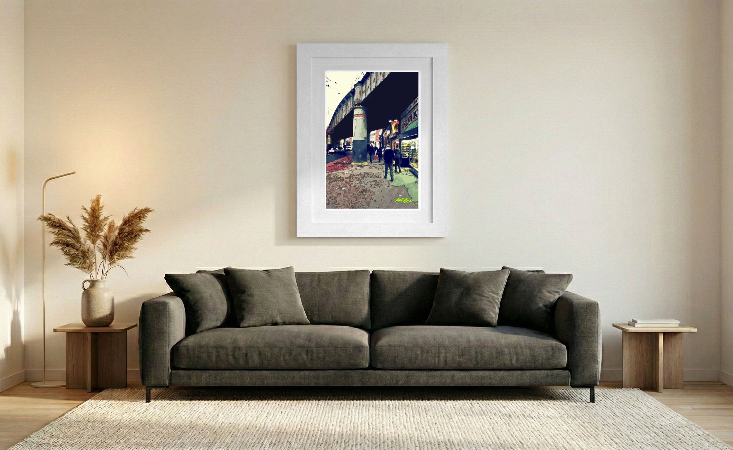 Teal and Crimson Urban Landscape — art on the wall, room interior preview 2