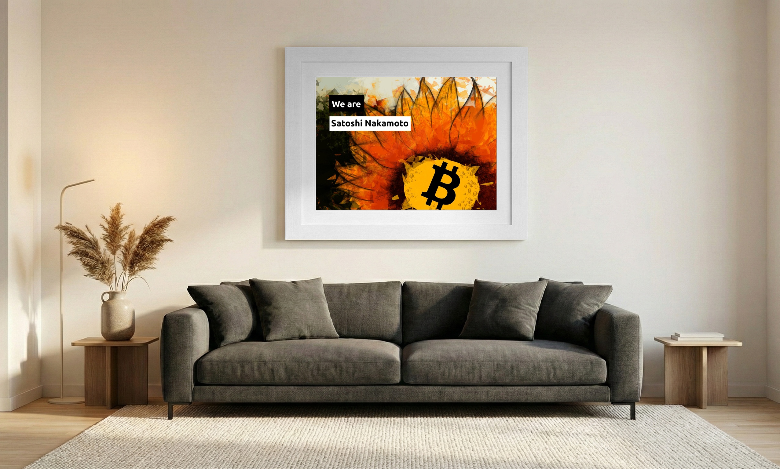 Fiery Orange Yellow Sunflower — art on the wall, room interior preview 1