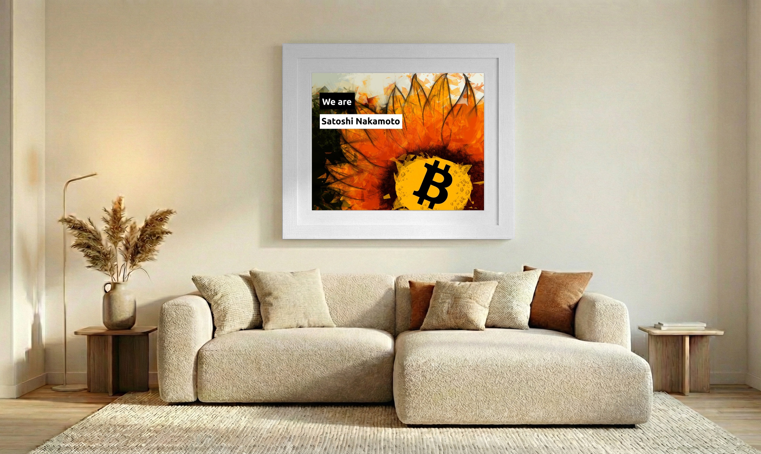 Fiery Orange Yellow Sunflower — art on the wall, room interior preview 2