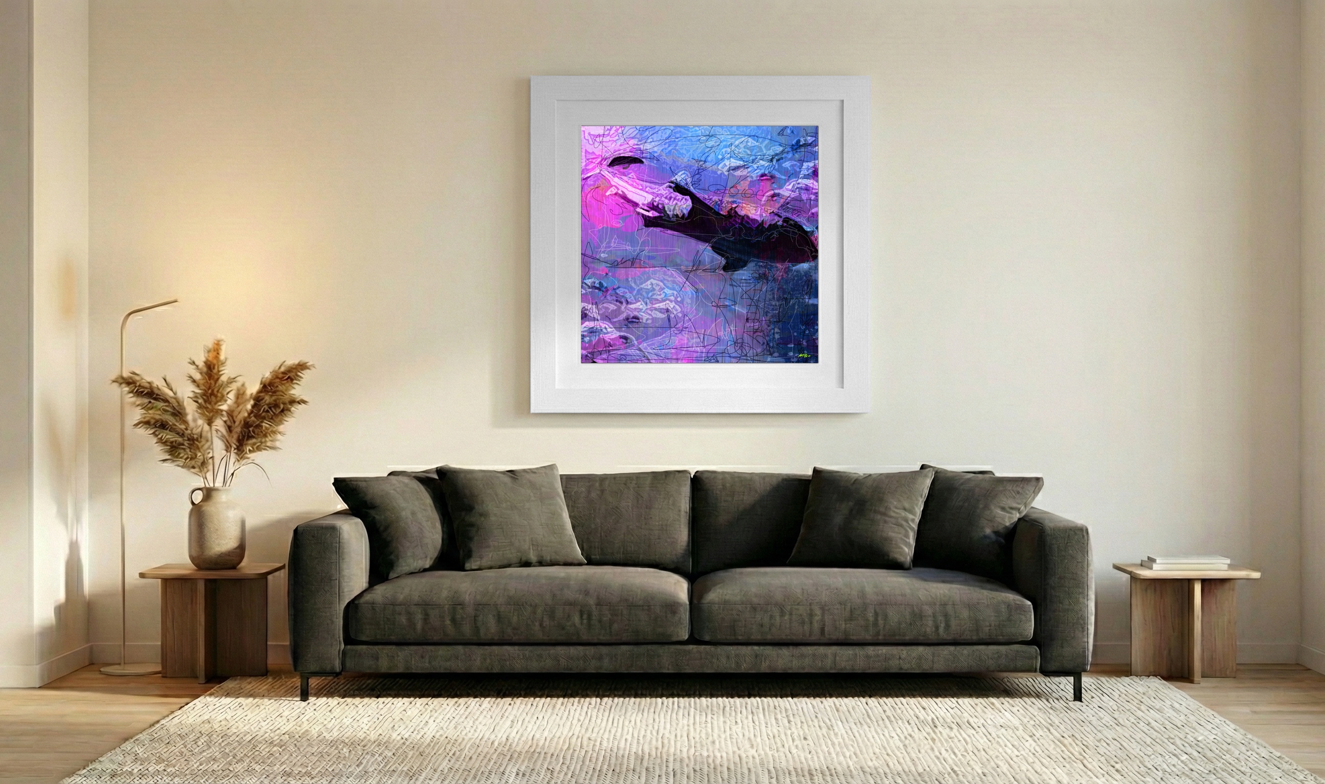 Cyan and Magenta Stylized Shark — art on the wall, room interior preview 3