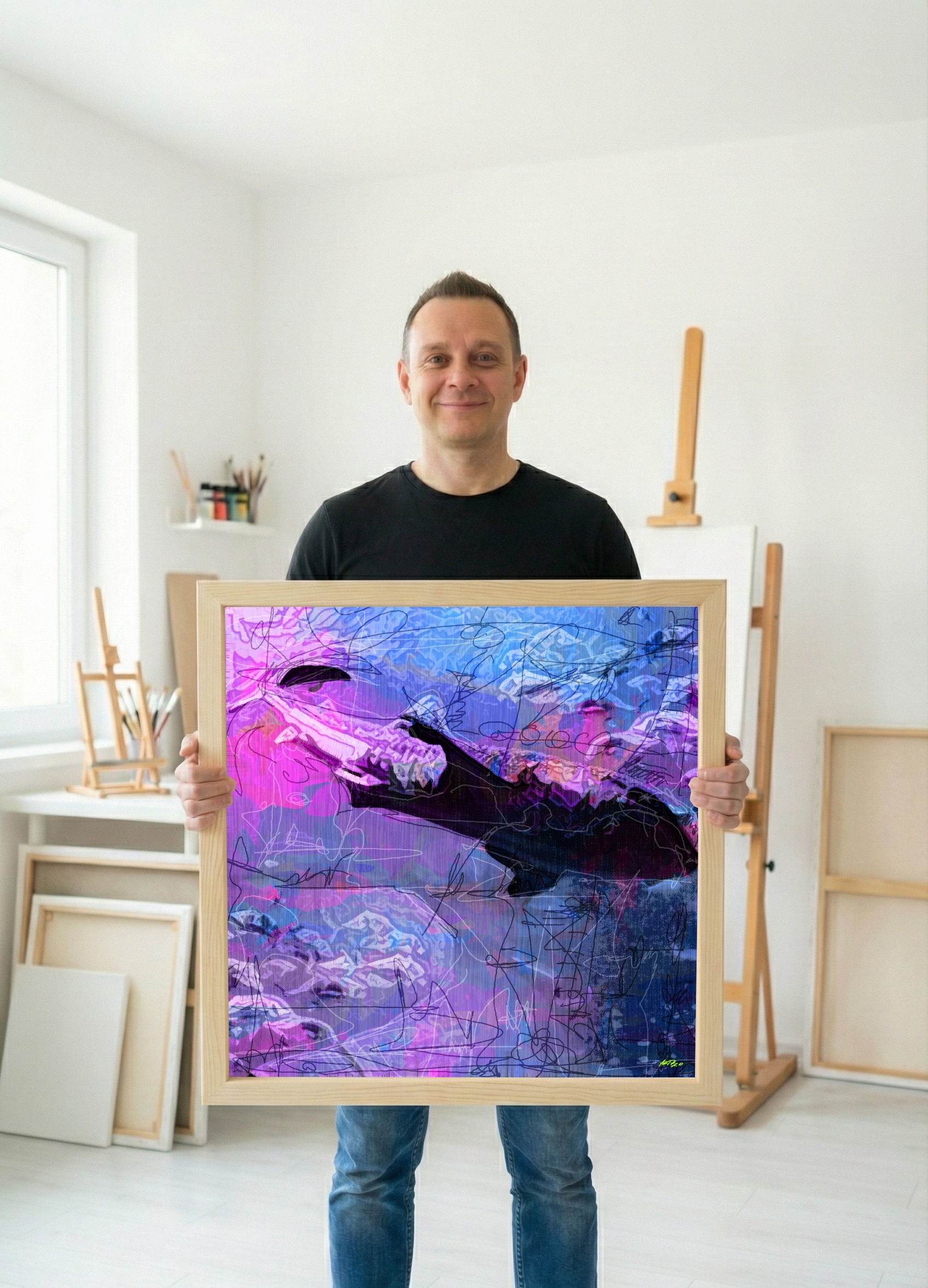 Cyan and Magenta Stylized Shark — art on the wall, room interior preview 3