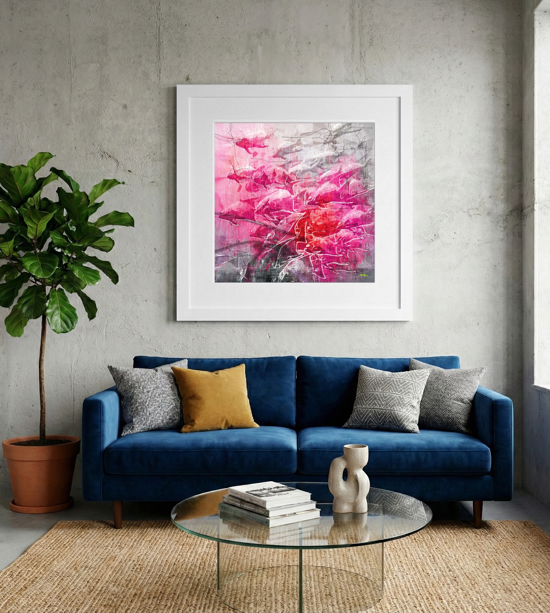 Pink and Silver Fish in Motion — art on the wall, room interior preview 2