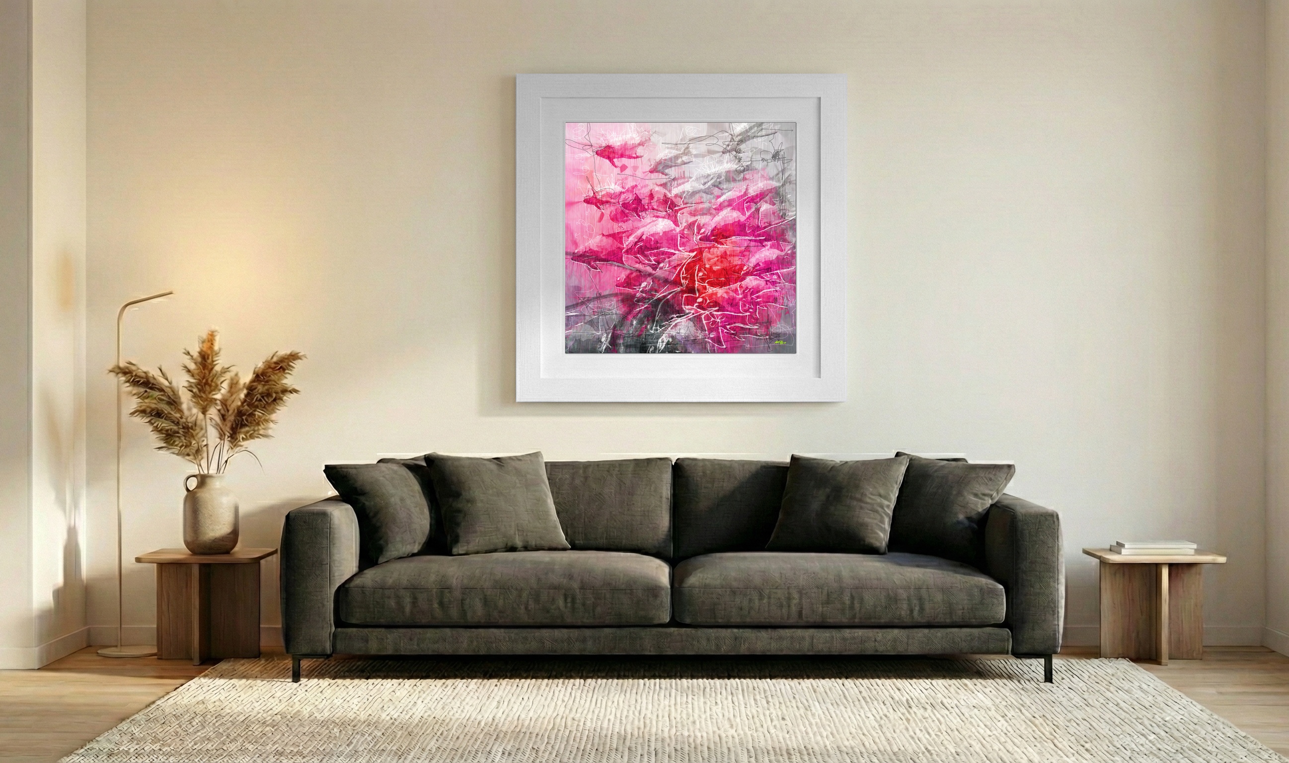 Pink and Silver Fish in Motion — art on the wall, room interior preview 3