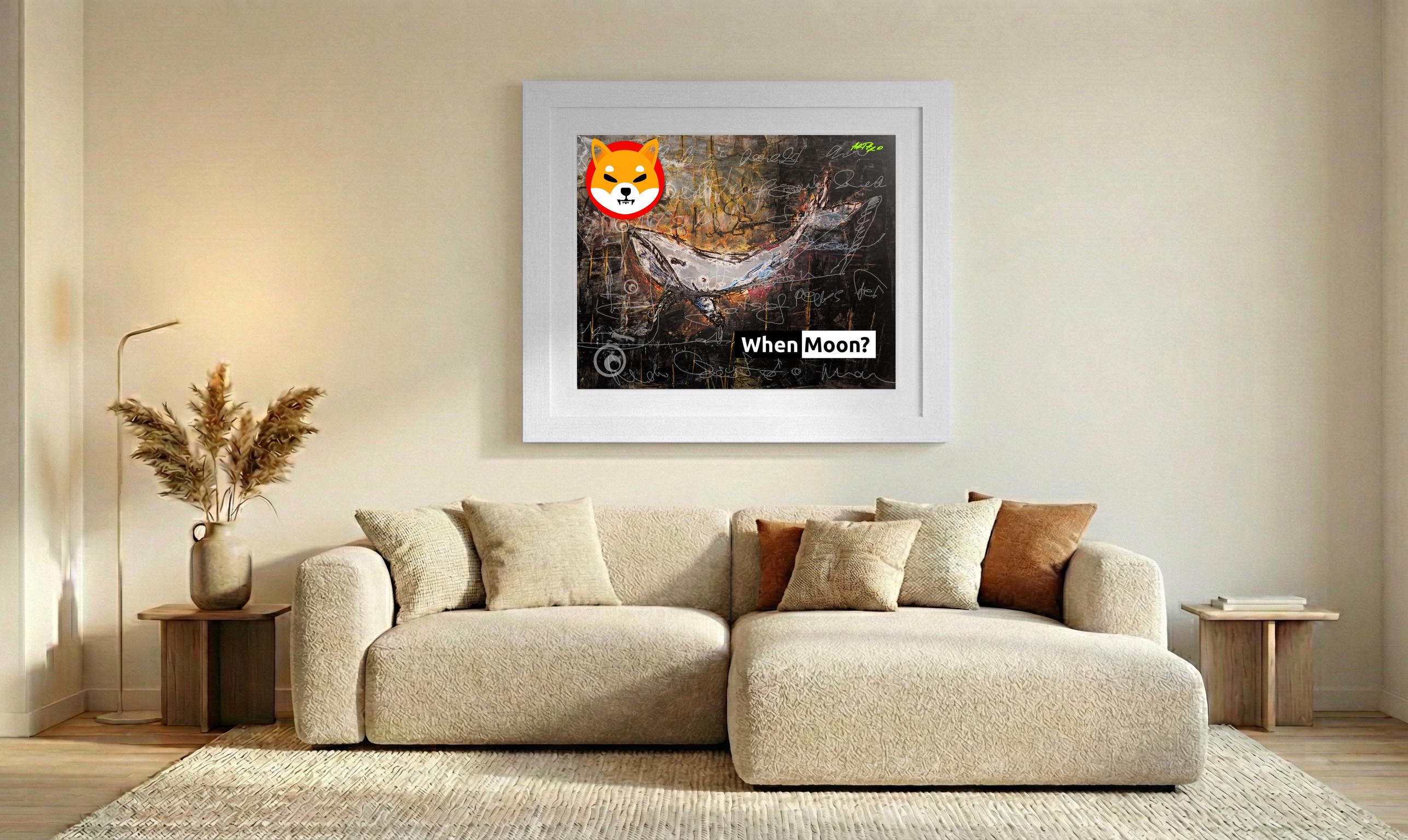 Silver Whale Among Abstract Colors — art on the wall, room interior preview 1