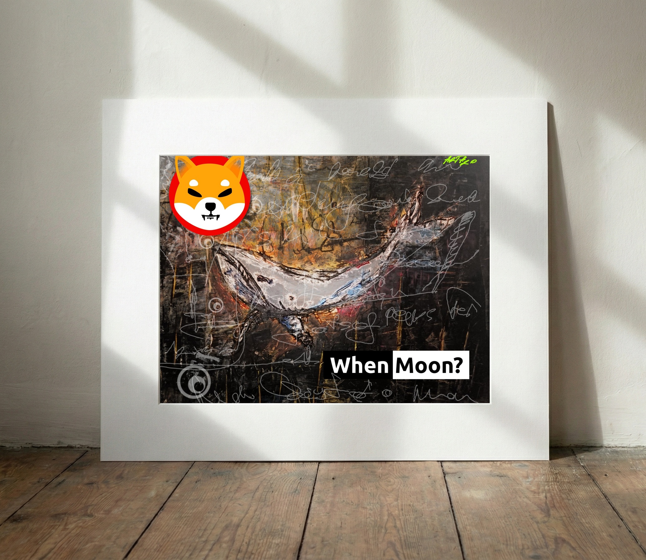 Silver Whale Among Abstract Colors — art on the wall, room interior preview 2