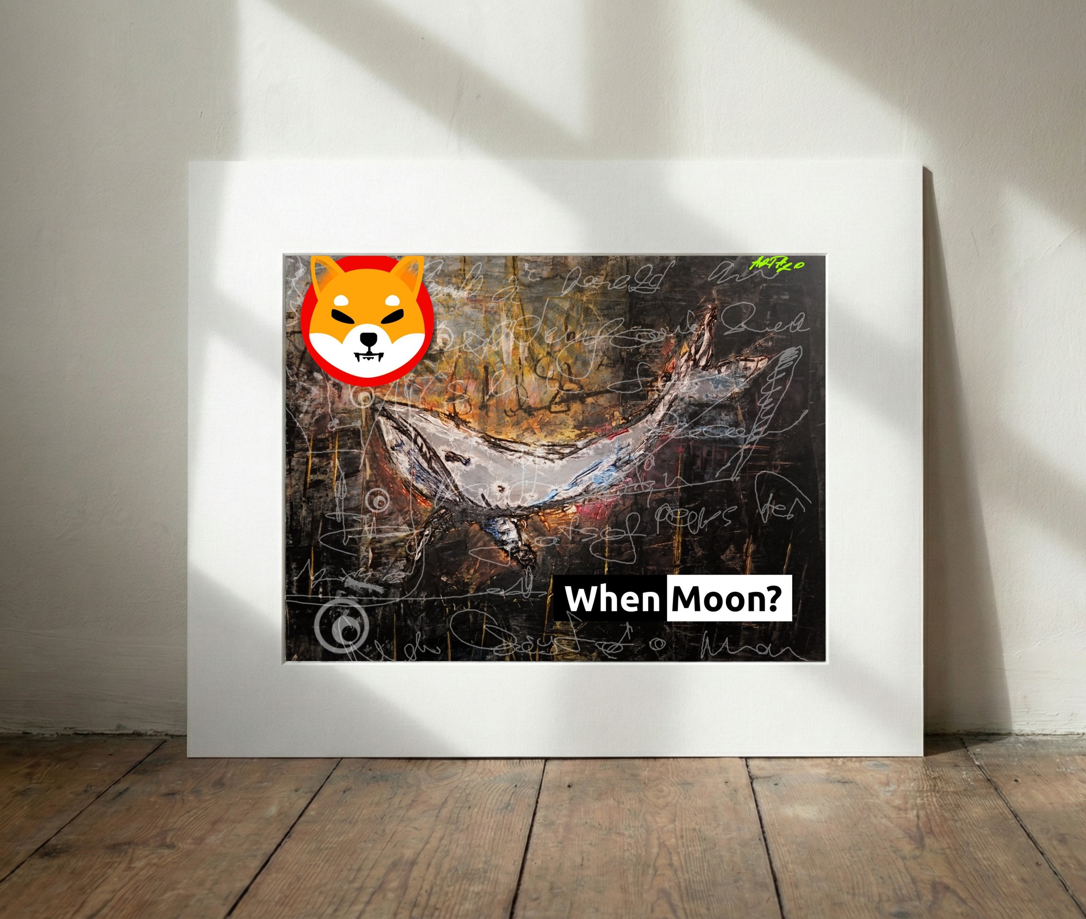 Silver Whale Among Abstract Colors — art on the wall, room interior preview 3